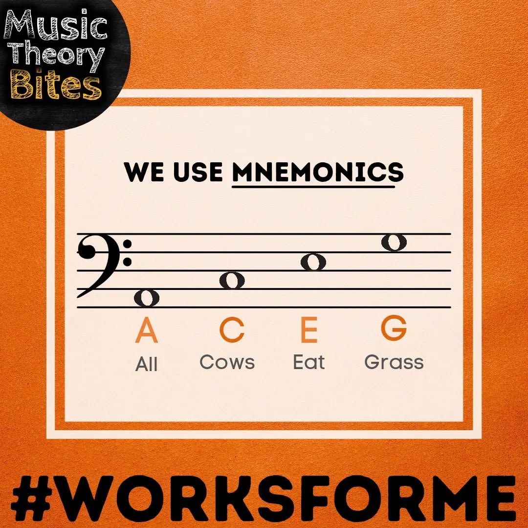 Reading #music is a learned skill, and to help you remember the names of notes in the spaces of the bass clef stave, try a #mnemonic — a word or phrase created from the letter names of the spaces.
It #worksforme, and might work for you too!
Be sure to let us know how you get on, and if you come up with your own mnemonics!
#letthelearningbegin #worksformewednesday #musictheory #bassclef
