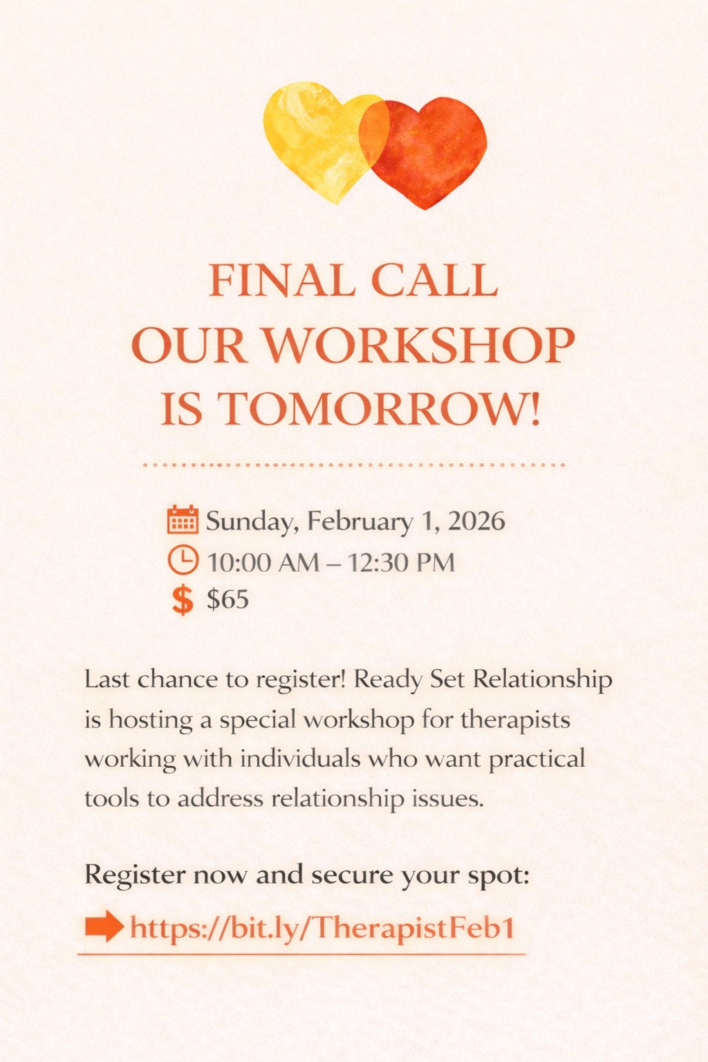 On Sunday, February 1, 2026, Ready Set Relationship is offering a special workshop for therapists working with individuals who want the tools to address relationship issues with their clients.
🗓 Feb 1, 2026
⏰ 10:00 AM – 12:30 PM
💻 One Sunday session
💲 $65
This workshop is grounded, practical, and clinically informed—focused on how structure, boundaries, and intention support real relational change.
Learn more and register here:
👉 https://www.readysetrelationship.com/workshops-1
