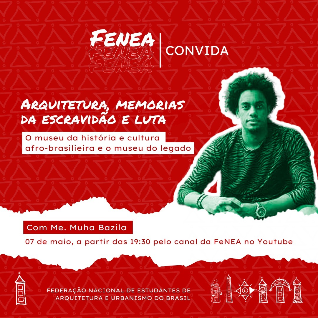 Psiu, se liga que amanhã (07/05), a partir das 19:30 horas (horário de Brasília), no canal do Youtube da FeNEA, teremos o segundo episódio da segunda temporada do FeNEA Convida !!
Nessa edição, com o tema "Arquitetura, memórias da escravidão e luta: o museu da história e cultura afro-brasileira e o museu do legado", teremos a participação do colega Muhammad Junior Braga Bazila.
Muha é Arquiteto e Urbanista, Mestre em Arquitetura e Urbanismo pela Universidade de Brasília (UNB), e Artista Plástico. Na UNB, foi um dos membros fundadores do Calunga: Coletivo de Arquitetas e Arquitetos Negros Formandos e Formados na FAU | UnB.
O link para a live já está disponível na bio.
Grande abraço e um xêro,
Equipe FeNEA
#arquitetura
#urbanismo
#historiaurbana
#historiasocial