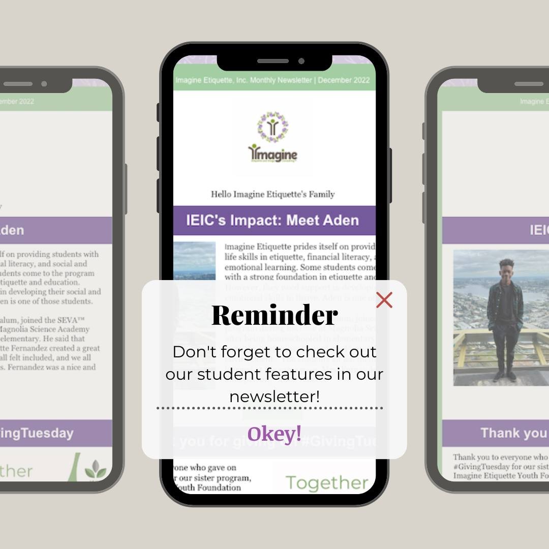 Every month we feature a student's story in our newsletter. Take the time to read how they are impacted by our programs and learn everything else we are doing at Imagine Etiquette. So keep in touch by subscribing to our monthly newsletter >> www.imagineet.com
#newsletter #ImagineEtiquette #studentengagement #studentenrichment #studentdevelopment #southerncaliforniaschools #ImagineEtiquette #IEIC #youthprograms