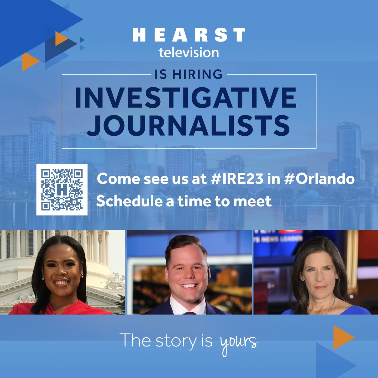 @HearstTV is #hiring #investigative #journalists. Let's connect at #IRE23 in #Orlando this week and talk about career opportunities at our stations across the country. Scan the QR code or visit the link in bio (https://dh5.tv/m/links) to schedule a meeting and learn more about HTV.
#nowhiring #jobs #careers #tv