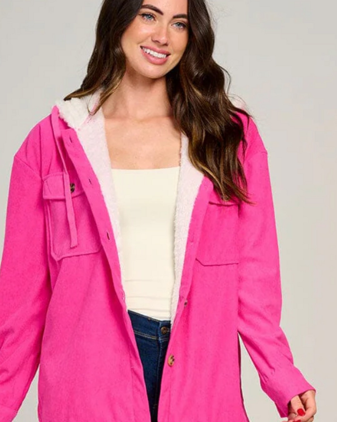 Bold color, cozy vibes ✨ Our Fuchsia Button Closure Pockets Hooded Sherpa Corduroy Jacket is the warm pop your wardrobe needs — button front, hood, and pockets for all-day comfort. Now $22 (originally $32). Link in Bio #FuchsiaJacket #SherpaStyle #CorduroyLove #OutfitInspo #ConwaysFashionHouse