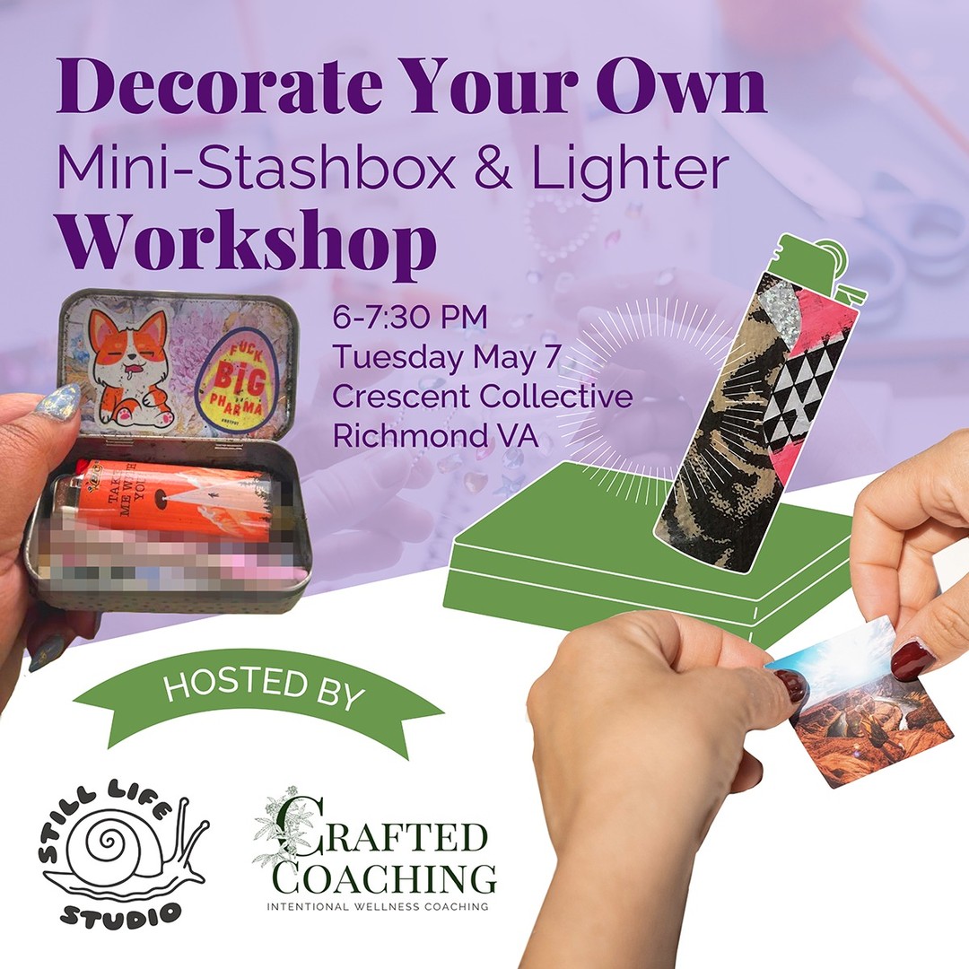 Decorate Your Own Mini Stashbox and Lighter Workshop!
Next week, on May 7th join us from 6-7:30 for a unique workshop collaboration between Crafted Canna and Still Life Studio, where creativity meets intentional wellness.
During this workshop, you'll have the chance to decorate your own mini stashbox and lighter, transforming them into a personalized on-the-go kit. As you craft, we'll guide a conversation about cannabis habits and how to use these artistic creations to foster more mindful and intentional use.
This event is a perfect blend of artistic expression and thoughtful discussion, creating a space to explore personal wellness and creativity.
You can register on our website, which is linked in our bio!