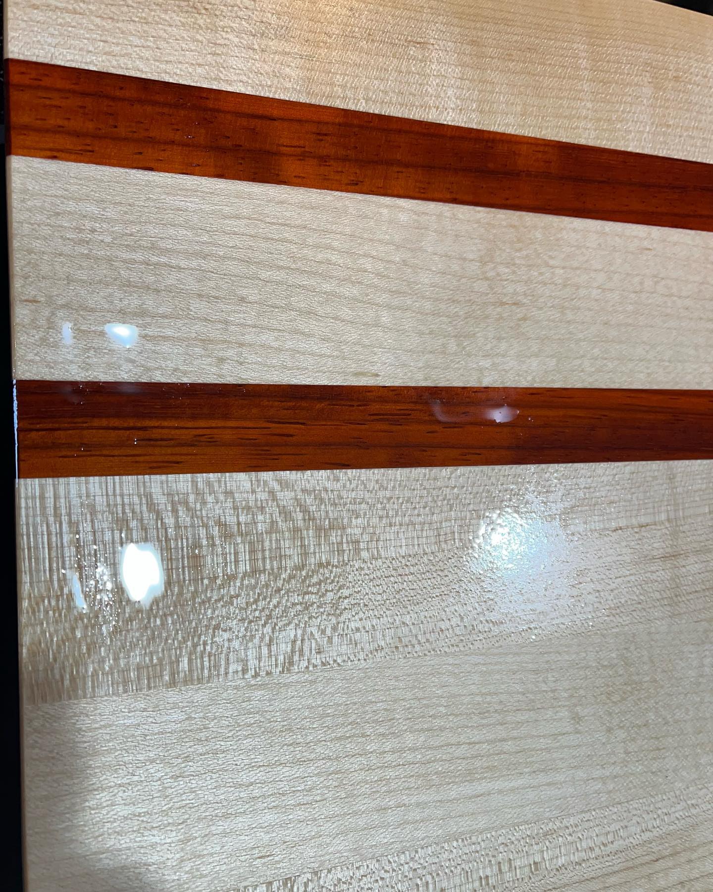 Seasoning a fresh batch of hard white maple with padauk from Africa. We call this “Creamsicle” after our favorite orange and cream ice cream pop. #cuttingboard #maple #paduak