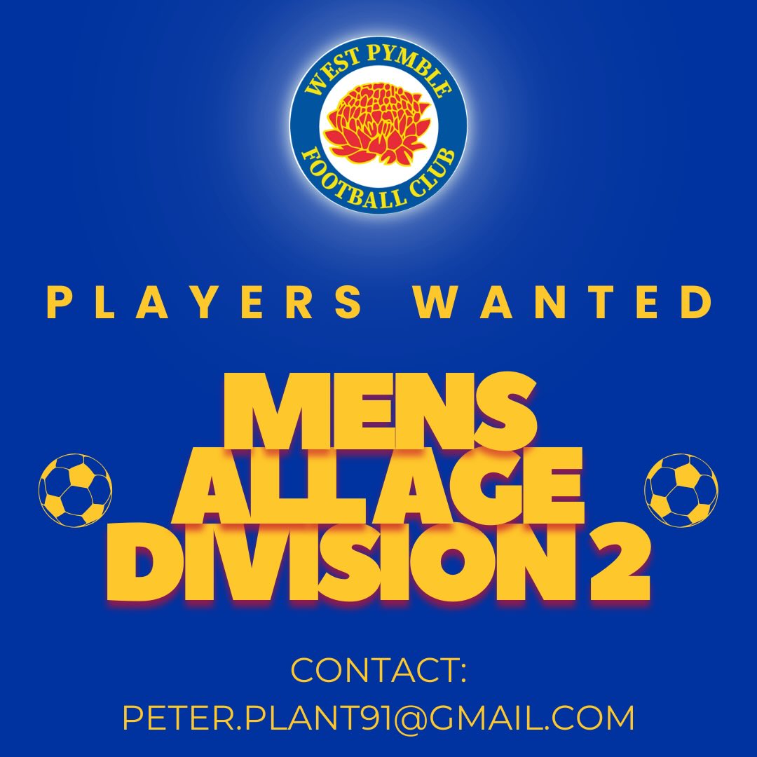 Players Wanted for our Men’s All Age division 2 Squad! 💛💙
Guys keen to join a competitive and friendly football squad this year? Our Men’s All Age div 2 squad is the perfect choice!
Come along and meet the squad at trials!
📆This Saturday, February 7
⏰8am-10am
📍Charles Bean Oval
If you’ve got any further questions or are interested in joining, make sure to email:
peter.plant91@gmail.com
We hope to see you chanting our song soon!
I Wanna Be A Pymble Player! 💛💙