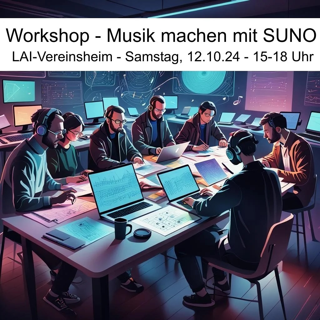 Bei den „Tipps und Tricks am Mittwoch“ (09.10.2024) wird gezeigt, wie sich das Erstellen von Musik mit Hilfe der „künstlichen Intelligenz“ entwickelt hat und wie man eigene Songs mit der App „Suno“ generieren kann.
Am Samstag, den 12.10.2024 gibt es zwischen 15:00 Uhr und 18:00 Uhr im LAI-Vereinsheim die Möglichkeit, das Gelernte zusammen mit anderen anzuwenden und Erfahrungen auszutauschen.
Der Workshop ist kostenlos und richtet sich vor allem -aber nicht ausschließlich- an die Teilnehmer der „TuTaM“ vom Mittwoch. Die Teilnehmer sollten möglichst ihre eigenen Geräte (Laptop, Tablet, Handy) mitbringen. In beschränktem Ausmaß können auch Vereinscomputer benutzt werden.
#laichingen #laichingeralb #albdonaukreis #musikmachen #workshop #internetverein