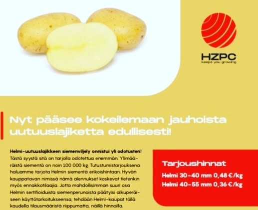 📢 Huomio huomio! Erittäin herkullinen ja taatusti jauhoinen pakkausperuna Helmi on nyt ERIKOISTARJOUKSESSA! Tämän uutuuslajikkeen siemenviljely onnistuis yli odotusten ja siementä on tarjolla suunniteltua enemmän. Jotta mahdollisimman moni uskaltaisi tutustua lajikkeeseen, olemme päättäneet tarjota sitä superedullisesti! Olisiko Helmi sinun uusi suosikkisi? Tarjous koskee sekä uusia että jo tehtyjä Helmi-tilauksia. Lue lisää: www.kantaperuna.com #Helmi #jauhoinenperuna #uutuuslajike