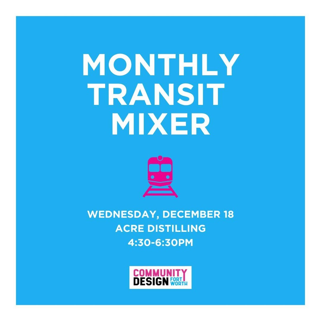 Join us on Wednesday, December 18th for the second monthly Transit Mixer!
Here, you'll hear about the latest in DFW transit from Community Design Fort Worth's transit committee and have the opportunity to bring your own experiences, questions and opinions to the discussion.
This come-and-go mixer will take place at Acre Distilling (1309 Calhoun Street, Fort Worth, TX 76102) from 4:30-6:30PM.
Transit planning FOMO? Sign up to receive emails from CDFW so you can stay up-to-date about events (like this one!) at the website link in our bio.
#communitydesignfortworth #fortworthdesign #transitmixer #dfwtransportation #transitplanning