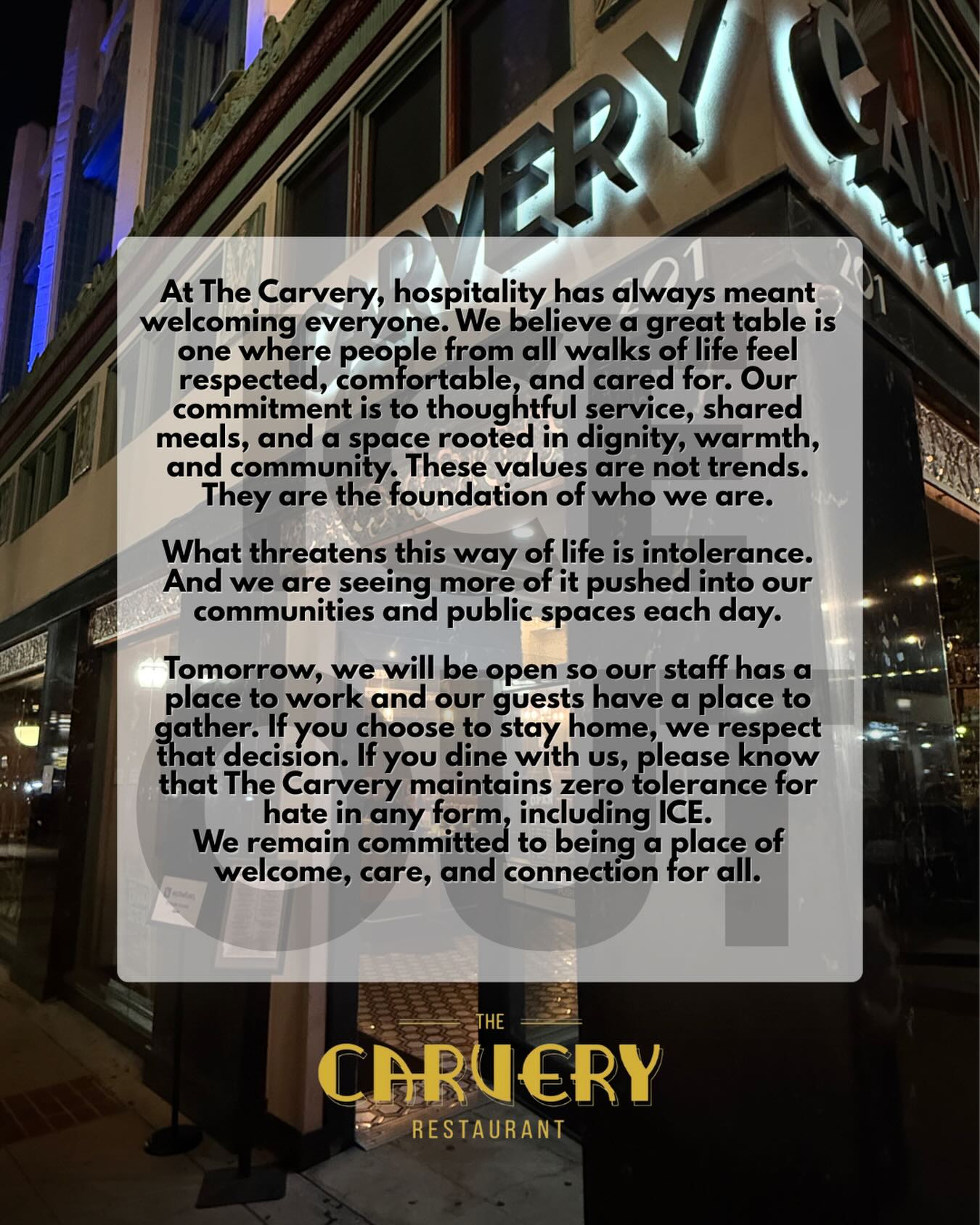 Hospitality with dignity. A table where all are welcome, always. Say it with us: ICE OUT OF LONG BEACH NOW.