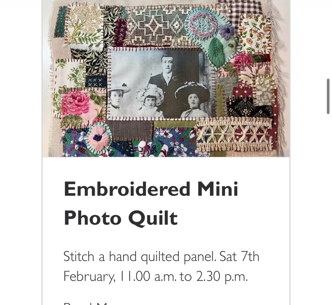 Stitch your cherished memories on Saturday 7th of February at my studio in Mossley, near Manchester.
Applique and layer fabric to your hearts content. The quilting is all done by hand. All materials and tuition will be provided.
Email a photo to me for printing, it can be printed as black and white, let me know and I will change it.
Book your place at the website ...
#mossley
#appliqueworkshop
#embroideryworkshop