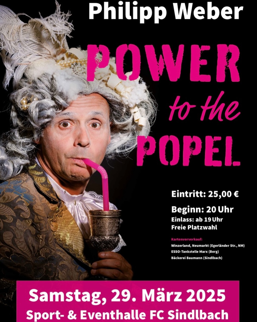 Noch auf der Suche nach einem Weihnachtsgeschenk? 🎅🏻🎁🎄
Am Samstag, den 29. März 2025 um 20:00 Uhr tritt der bekannte Kabarettist und Buchautor Philipp Weber wieder in der Sport- u. Eventhalle des 1. FC Sindlbach auf. Mit im Gepäck hat er nach seinen
Auftritten in Sindlbach 2017, 2019 und 2021 nun bei seinervierten Station sein aktuelles Programm: „Power to the Popel“.
Dabei trifft er mitten ins „Schwarze“ der aktuellen
politischen und gesellschaftlichen Geschehnisse. In Philipp Webers Kabarettstück „Demokratie für Quereinsteiger“ dreht sich alles um den kleinen „Popel“, der laut Duden ein „unscheinbares und armseliges Menschlein“ bezeichnet.
Dabei ist es eigentlich die Aufgabe der Demokratie, aus den vereinzelten Winzlingen das selbstbeherrschte Volk zu formen, den souveränen Souverän.
Die Antwort ist simpel: Philipp Weber. In Zeiten, wo Volksvertreter und Volksverdreher gebetsmühlenartig die Krise der bürgerlichen Gesellschaft beschwören, übt der Kabarettist mit seinem Publikum die wertvollste demokratische Tugend: den Humor.