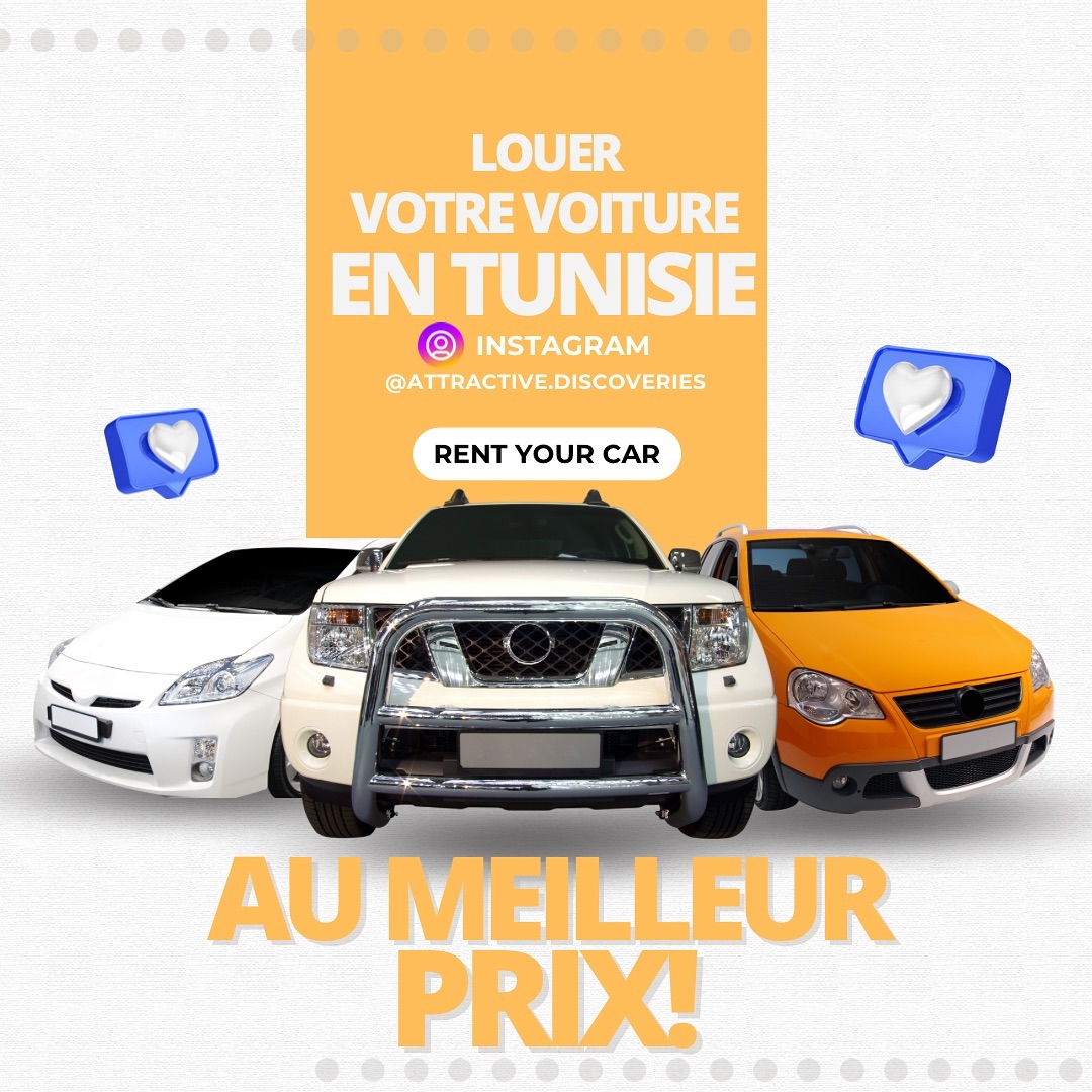 Louer votre voiture partout en Tunisie en contactant @attractive.discoveries.
#Tunis #hammamet #nabeul #sousse #monastir #djerba #tozeur #douz