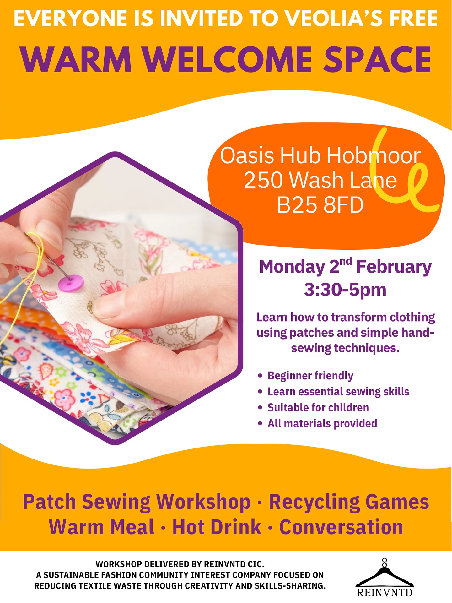 We’re really proud to share this impromptu workshop next Monday! 💛
Reinvntd has been invited by @veoliauk to run a patch workshop as part of their Warm Welcome Spaces series in Birmingham.🪡🧵
We’ll be sharing simple hand-sewing skills and showing how small stitches can make a big difference to transform your clothes! 🌱♻️
Free, welcoming, and open to all.
We hope to see you there 💕
#WarmWelcome #MakeDoAndMend #SustainableFashion #CommunityWorkshops #Upcycling #Reinvntd #SlowFashion #TextileReuse