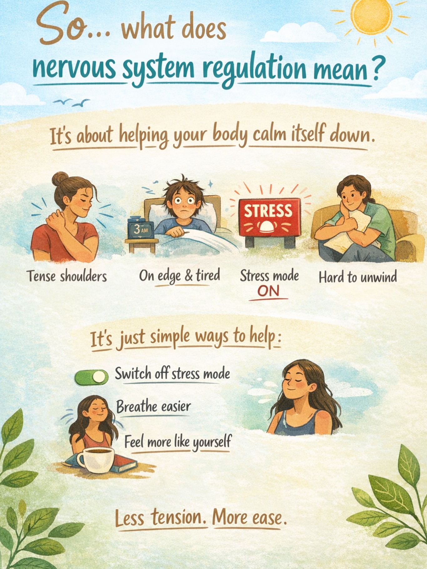 So⦠what does nervous system regulation actually mean?
Honestly?
Itās about finding ways to help your body calm itself down.
Most of us are walking around tense without realising it - tight shoulders, clenched jaw, breathing only into the upper chest, always feeling āon edgeā, exhausted but unable to properly rest.
Your body has a built-in stress response. Thatās normal - itās what helps us survive!
But when life is busy, hard, or overwhelming, that stress response can get stuck on - stuck in āfight or flightā
Nervous system regulation is just teaching you simple ways to help your body switch off this stress mode and feel a bit more settled again.
- No talking through your trauma
- No revisiting the āstoryā
- No digging into the past.
- No forcing anything.
Just gentle practices that help you breathe easier, feel less anxious, more present and cope a little better with everyday life.
Contact on go online to book a free online Consultation
#wellness #tre #somatichealing #bennubloomhealing