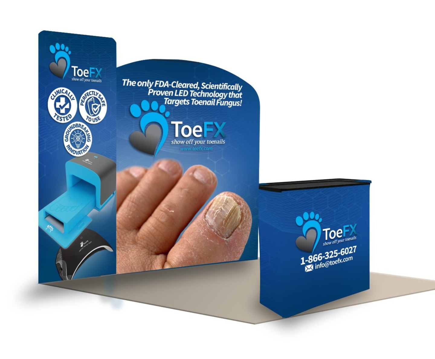 🌟 Unveiling Innovation at Every Corner! 🌟 Spencler Creative proudly presents our latest masterpiece: a dynamic three-piece trade show booth designed for ToeFX! Our latest project showcases the cutting-edge ToeFX LED therapy lights, revolutionizing the treatment of toenail fungus.
This booth is a marvel of design and function, featuring an impressive 8ft x 8ft main stage sign, a sleek 2.5ft x 8ft secondary sign, and a practical 3.5ft tall podium. Each piece harmoniously combines to create an impactful visual narrative, drawing visitors into the world of ToeFX’s innovative solutions.
Our design philosophy for ToeFX was clear: minimal text, maximum impact. We focused on direct, to-the-point graphics that communicate the essence of ToeFX’s technology efficiently and effectively, ensuring that the message is both accessible and engaging.
Step into the future of podiatric care with ToeFX, and discover the power of targeted LED therapy lights at your next trade show visit. Crafted by Spencler Creative, this booth is not just a space, but a storytelling journey, highlighting the innovation and effectiveness of ToeFX’s products.
🔥 Ready to make your mark at the next trade show? Contact Spencler Creative, and let’s design a booth that speaks volumes about your brand’s innovation and vision. 🔥
#TradeShowDesign #InnovativeBooths #SpenclerCreative #ToeFX #LEDTherapy #EventMarketing
