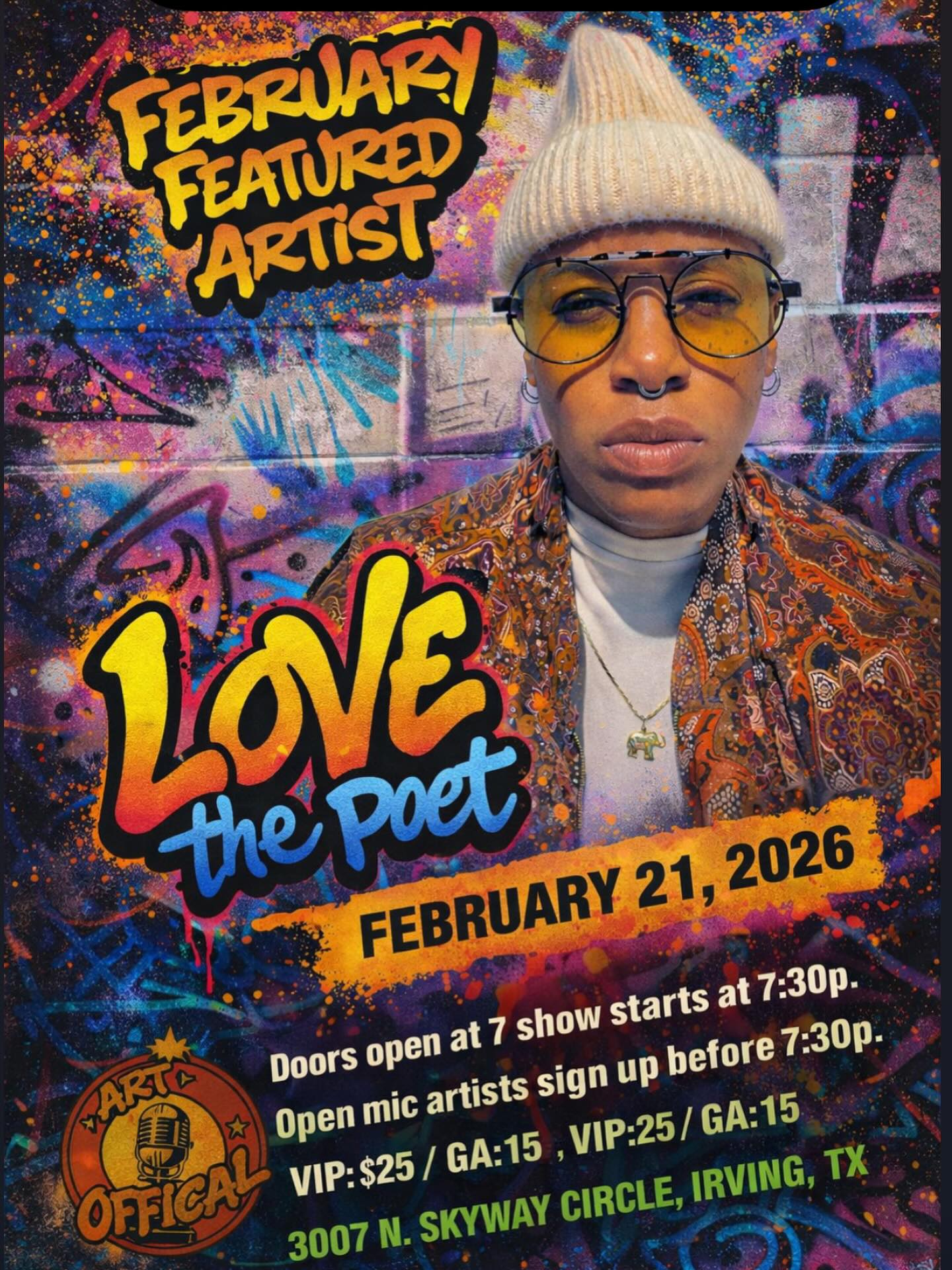 Tickets are LIVE for @lovethepoet first solo feature in DFW! 🎤🔥
Come out and catch our host @the_poems_of_ross alongside his longtime mentor for a special night. February is the month of love, and this feature is perfectly fitting. If you’ve been to an ArtOfficial show, you already know — seats are LIMITED, so grab your ticket today!
DFW, this is a show you don’t want to miss!
🎙️ Open micers: Want to grab the mic? DM us! Spots are limited, and the open mic is open to singers, poets, musicians, and more.
🎟️ Ticket link in bio
📅 Feb 21, 2026
🚪 Doors open at 7 PM | Show starts at 7:30 PM
📝 Open mic sign-up before 7:30 PM
📍 3007 North Skyway Circle, Irving, Texas
#DFWevents #DallasPoetry #FortWorthEvents #SpokenWord #PoetryShow #OpenMicNight #DFWArtists #LivePoetry #ArtOfficial #LoveThePoet #SupportLocalArtists #PoetryCommunity #FebruaryEvents #MonthOfLove 💕