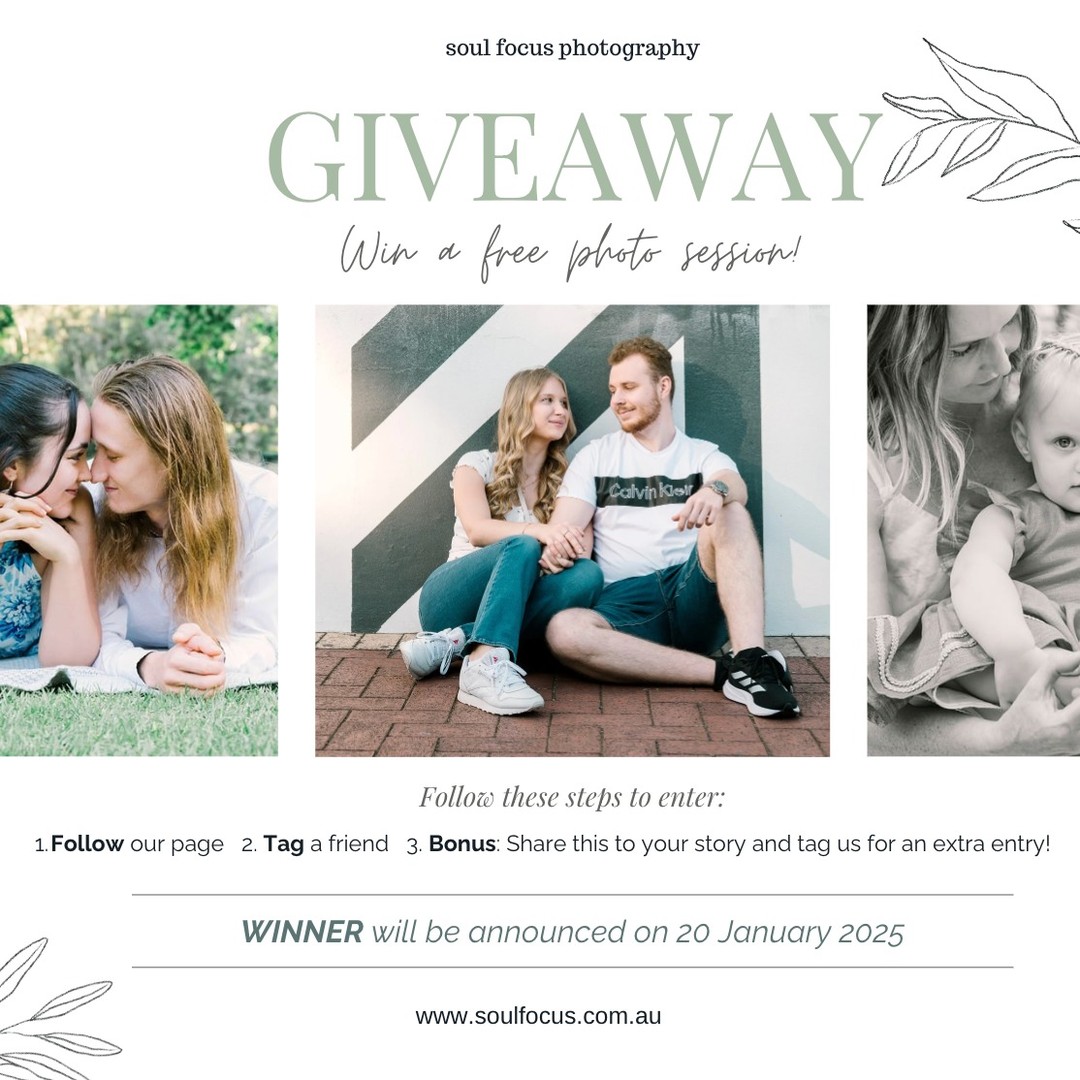 Soul Focus Photography Giveaway!
Want a FREE 1-hour couple or family photography session in Perth? Here’s how to win:
1. Follow Soul Focus on Instagram (if you’re not already!)
2. Tag a friend in the comments who would love a session too!
3. Bonus points: Share this to your story and tag us for an extra entry!
The lucky winner will get a one-hour photo shoot at a location special to them in Perth — from the beach to the city, the choice is yours!
At Soul Focus, I'm all about capturing your true vibe in the most natural, effortless way. You will receive 20 edited photos which are downloadable in an online Gallery.
The winner will be announced on 20 January 2025. Good luck and I can’t wait to make some magic together!
#soulfocusphotography #Giveaway #FreeSession #LifestylePhotography #PerthPhotography #TagAFriend #InstaGiveaway #CaptureYourVibe #PerthSessions #FollowToWin