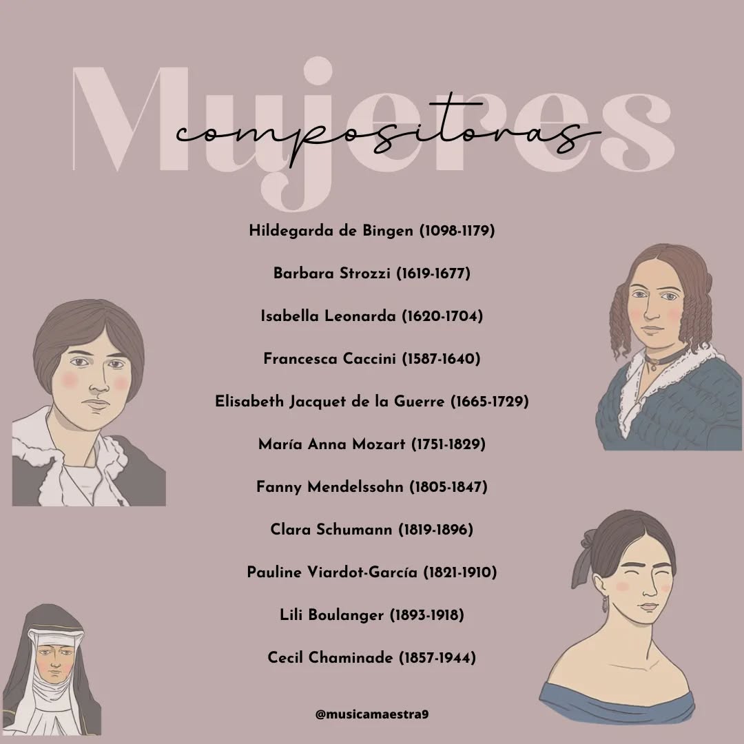 💜Mujeres compositoras
¿Las conocías a todas?
Si conoces otra mujer compositora escribe su nombre en comentarios.
▶️ Barbara Strozzi - Che si può fare: https://youtu.be/NCQbMyJobO0
▶️ Clara Wieck-Schumann - Piano concerto in a minor: https://youtu.be/xRUDJsmVLx8
▶️ Elisabeth Jacquet de la Guerre - La Tempête: https://youtu.be/R8HhGwoUZVI
▶️ Cécile Chaminade - Concertino for Flute and Piano: https://youtu.be/MN4pvzT8C6k
#8m #mujerescompositoras #mujeres #compositoras #grandesolvidadas #women #womencomposers #diadelamujertrabajadora #clasedemúsica
#músicaprimaria #músicasecundaria #musicclass #recursosparaclase #musicresources #barbarastrozzi #cecilechaminade #liliboulanger #hildegardadebingen #fannymendelssohn #clarawieckschumann #maríaannamozart #francescacaccini #isabellaleonarda #paulineviardotgarcia