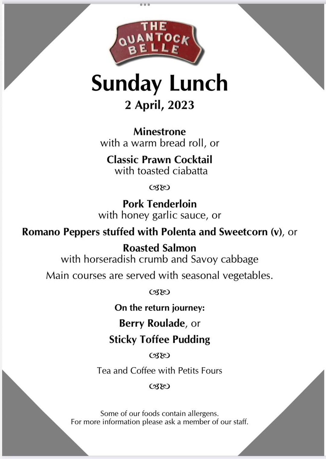 Menu for this Sunday’s Quantock Belle dining car. There are still a few spaces left for you last minuters. Book here: https://www.west-somerset-railway.co.uk/events/detail/the-quantock-belle-dining-train
West Somerset Railway