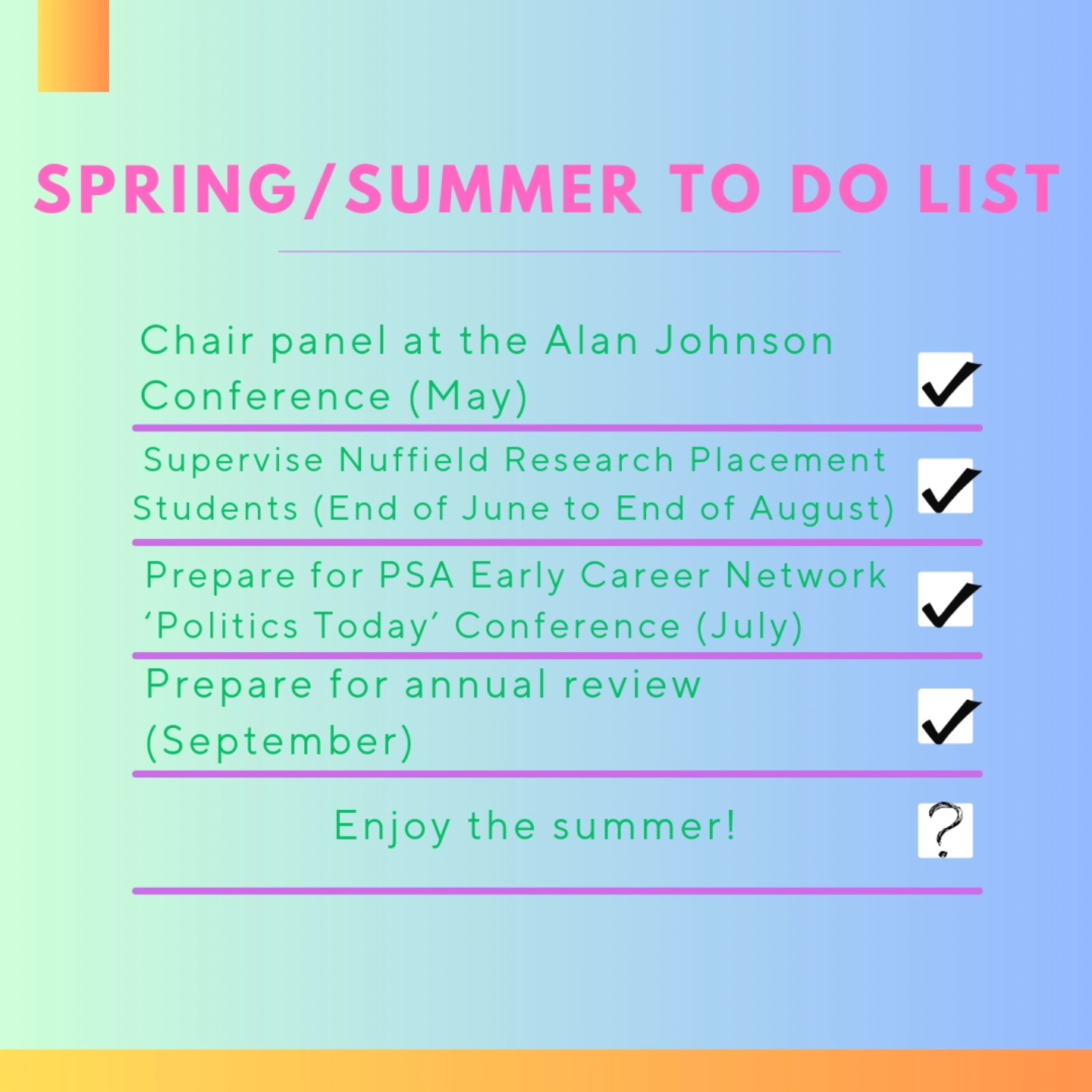 Now we've entered the colder months, I can finally update my Spring/Summer to do list. Unsurprisingly, I had a lot to complete but I'm glad I stuck to the main tasks because it means I've set myself up well for the next year.
As for the point about enjoying summer, this was a bit trickier but I did manage to find time to go to two concerts (if you hadn't guessed already, it's my favourite pass time!)
#ToDo #SpringSummer #list #goals #PhDLife #phd #PoliticsPhD #PhDPolitics