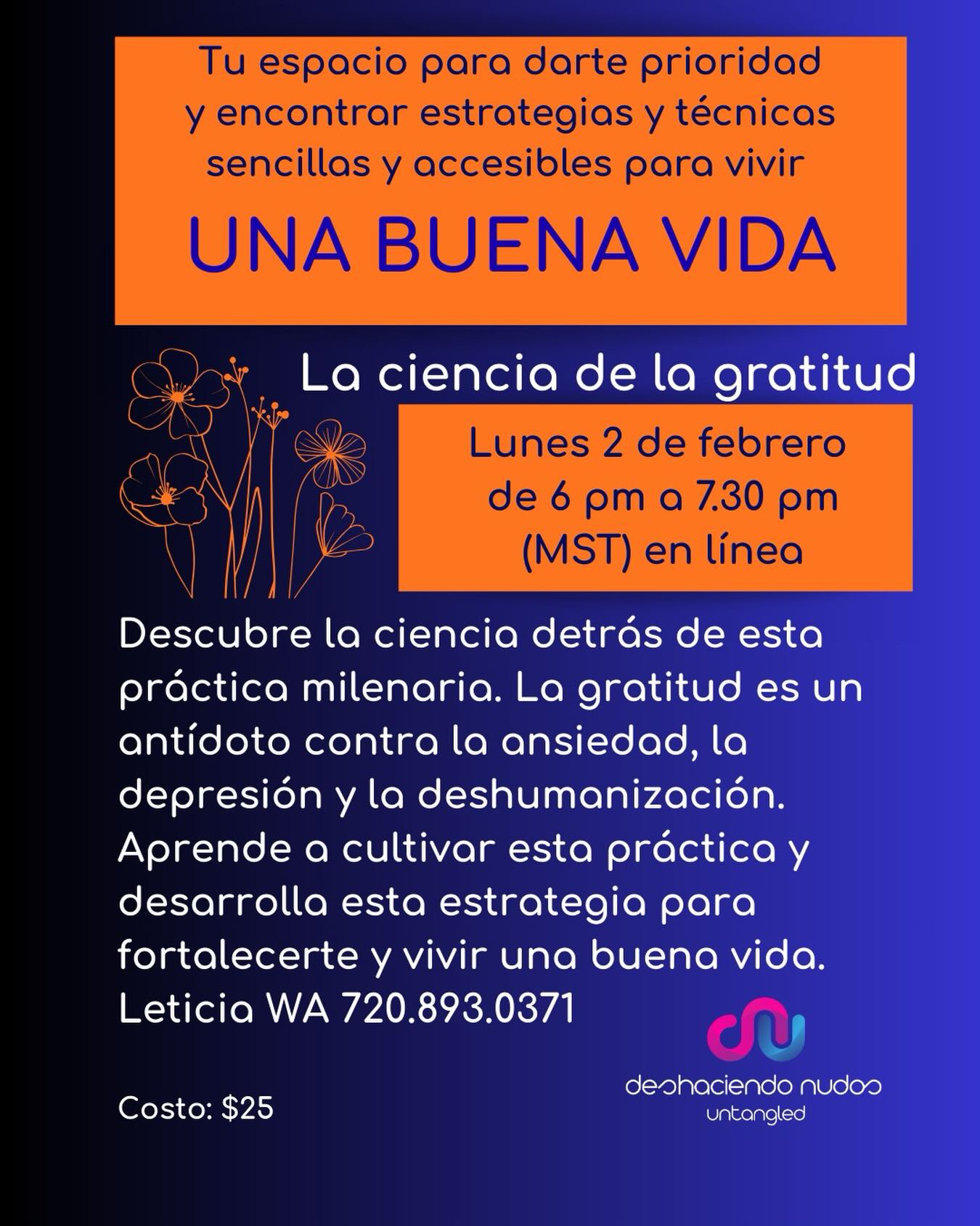 En estos momentos de incertidumbre, hay formas de encontrar paz y sosiego.
Te invito mañana al taller El Poder de la Gratitud, de la serie Una Buena Vida
Estos talleres tienen un precio asequible.
Regístrate aquí
https://docs.google.com/forms/u/0/d/159e6408_hplL-TAp-dyY5BIAK2dwbeXgsX0BdSkFN2M/viewform?usp=drivesdk&edit_requested=true