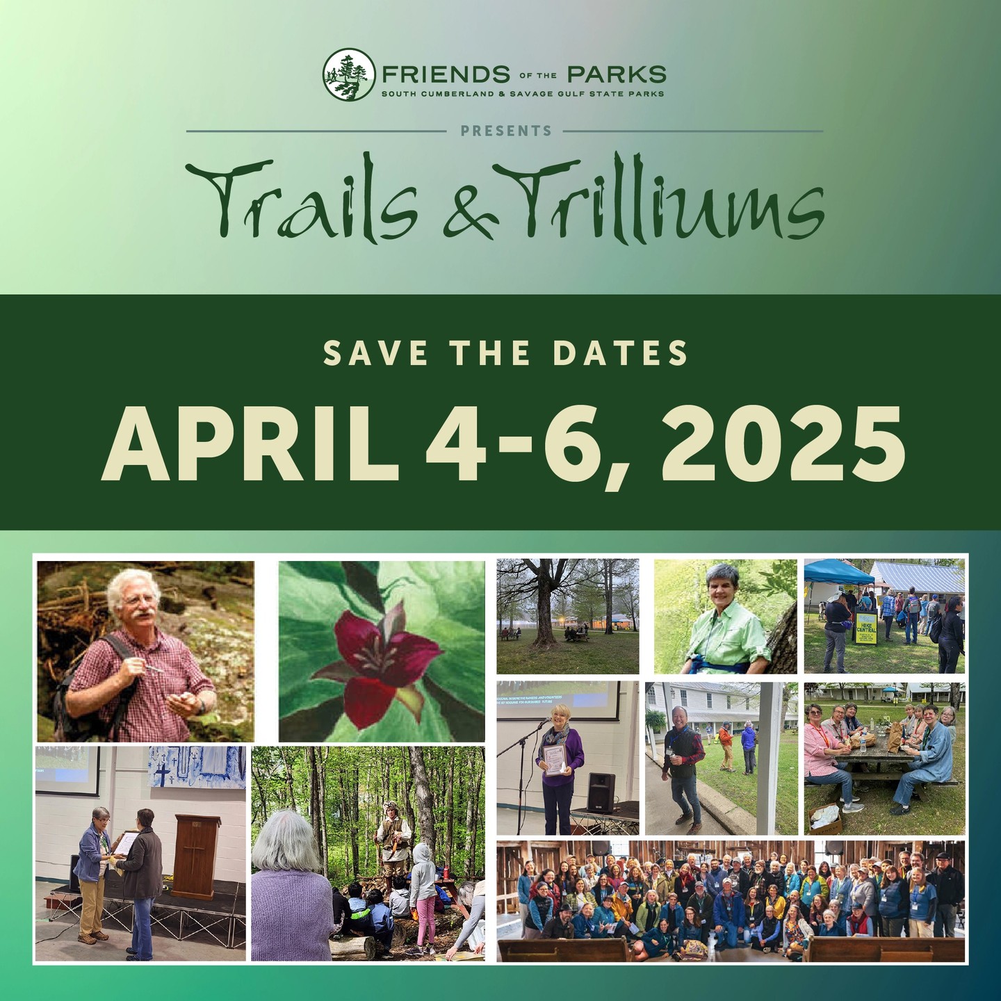 Mark Your Calendars for Trails & Trilliums 2025
Join us for Trails & Trilliums, from April 4-6, 2025!
Three days of guided hikes, workshops and talks by 50 top naturalists from across the state. Visit Stone Door, Savage Gulf, Greeter Falls, Collins Gulf. The trails, waterfalls, overlooks and wildflowers are unparalleled.
Stay tuned for more details!
