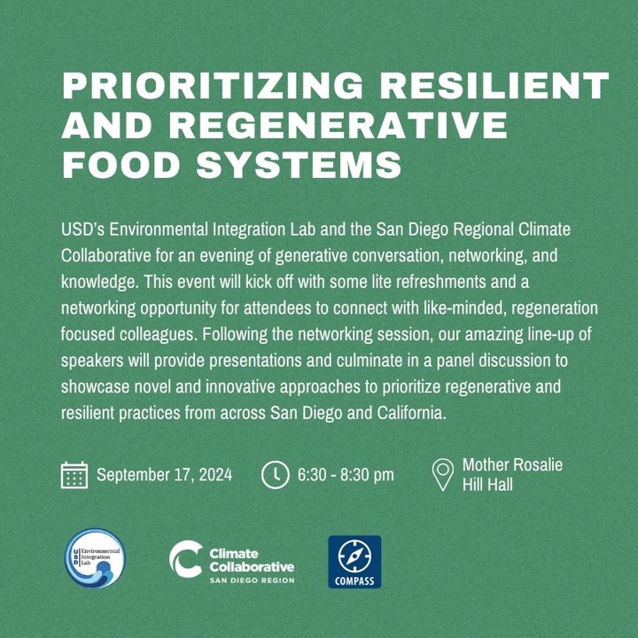 🍽️ Ready to dig into resilient food systems? 🍽️
Join SDRCC and the Environmental Integration Lab on September 17th for a dynamic evening at @usdsoles! 🌱 Start with networking over light refreshments, then hear from our amazing lineup of speakers on the latest in regenerative and resilient practices. Let’s cultivate a sustainable future together!
🕡 6:30pm - 8:30pm
📍 Mother Rosalie Hill Hall, USD
#RegenerativeFood #FoodSystems
https://bit.ly/regenerative-food-panel
We will hear from Anthony Myint from Zero Foodprint (ZFP) and screen his new TED Talk about ZFP's regeneration efforts. ZFP is the 2020 James Beard Foundation's Humanitarian of the year, working with 80 restaurants and businesses changing how food is grown to restore the climate. Anthony is also the Co-Founder of Mission Street Food (SF Chronicle's Most Influential Restaurant of the Past Decade", Mission Chinese Food (NYTimes Restaurant of the Year - 2012), The Perennial (Bon Appetit's "Most Sustainable Restaurant in the Country") and Commonwealth restaurants, and is the 2019 winner of the Basque Culinary World Prize.
Our panelists include:
Kiyonna Navarro- Program Manager, ProduceGood
Ellee Ioge, Director of Operations, Foodshed Cooperative
Chelsea Nelson- Director of Sustainability, Jimbo’s