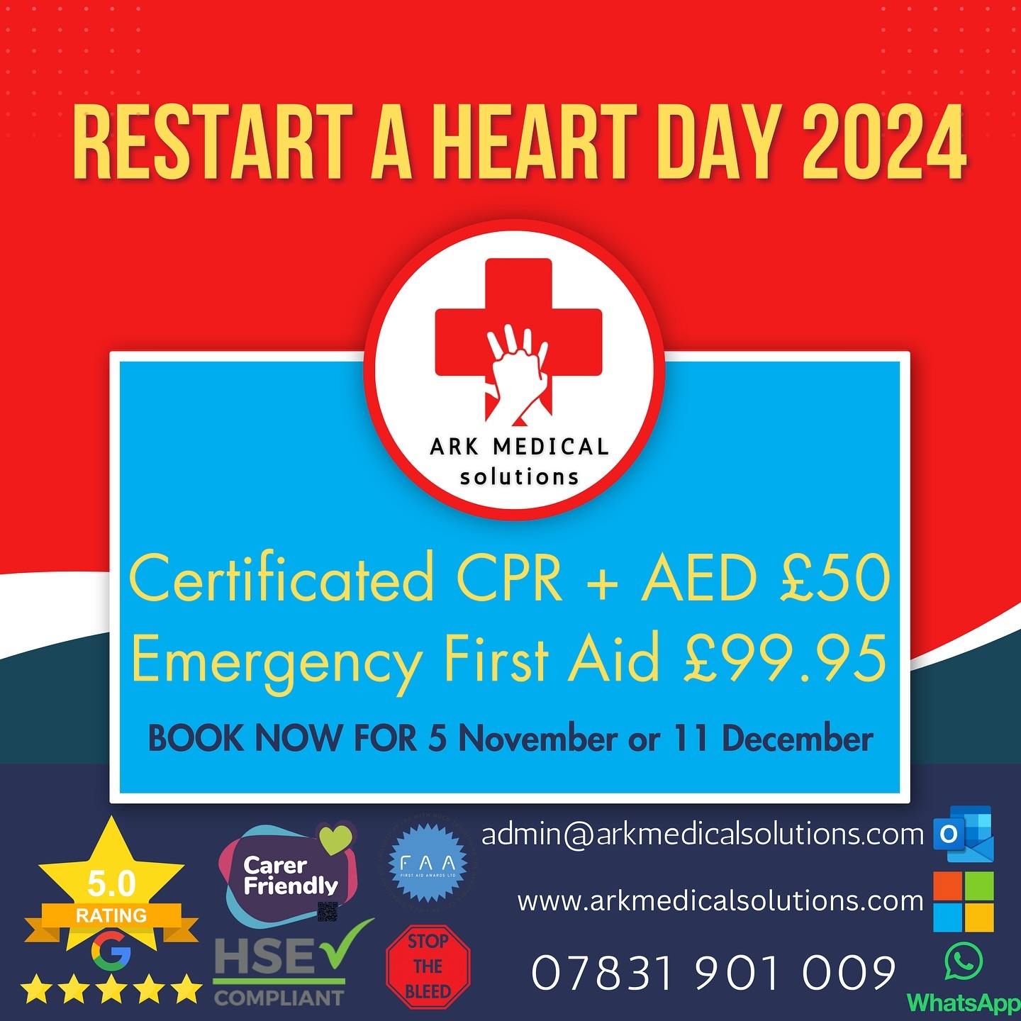 Restart a Heart Day is observed annually on October 16th, aiming to raise awareness about cardiac arrest and the importance of performing cardiopulmonary resuscitation (CPR). The day emphasises the need for training and knowledge in CPR and the use of automated external defibrillators (AEDs) to help save lives.
Book your next course with us and get trained by those that do the job, not just another instructor. All our instructors are serving NHS paramedics or 999 emergency service staff.
Book today for the 5th November or 11th December for the BLS & AED certificated course, or the full day Emergency First Aid at Work.
www.arkmedicalsolutions.com
#firstaidcoursesdorset #firstaid #dorset #bournemouth #cpr #aed #savelives #defibrillator #arkmedicalsolutions #defibstore