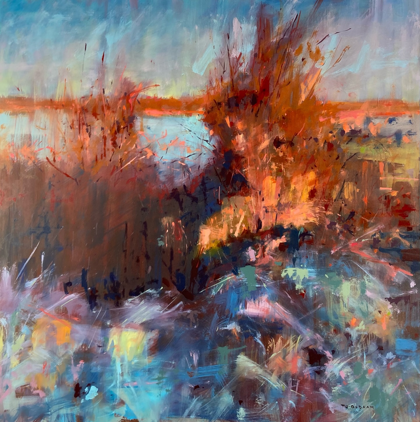 I’ve been working on this one for a bit now, this is the third painting I’ve done from the same photo taken down our road last November, I’m just loving working with the cool blues and hot oranges. This one is 60 x 60 cm wide in oil on board