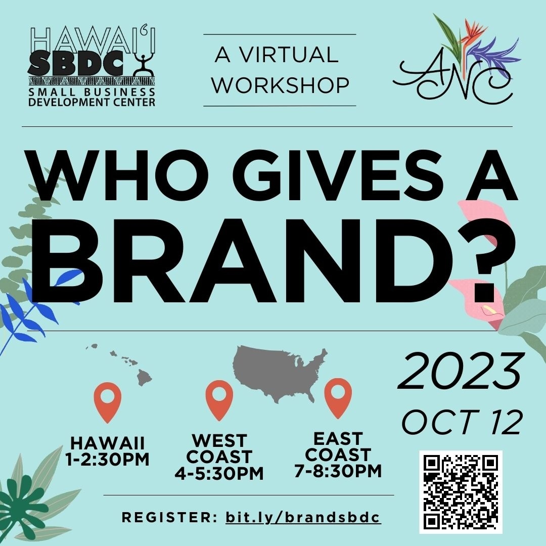 🎉 BRANDING WORKSHOP! 🎉 Hawai'i Small Business Development Center has invited me to give a fresh version of my branding workshop, Who Gives A Brand? on Thursday, October 12, 2023. 1-2:30pm Hawai'i time, 4-5:30pm PST, 7-8:30pm EST. I'm SO excited and can't wait to geek out on branding while sharing some immediately actionable advice and tools! 💖 More info & registration at https://clients.hisbdc.org/workshop.aspx?ekey=5430018