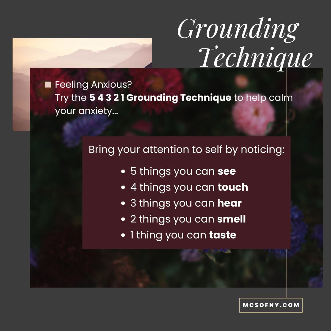 When anxiety hits, use your senses to stay present and calm your mind. Try to focus on:
5 things you can SEE
4 things you can TOUCH
3 things you can HEAR
2 things you can SMELL
1 thing you can TASTE
This quick mindfulness tool helps you reconnect with the present moment and find peace wherever you are. Give it a try next time you're feeling stressed!
#mcsofny #mindfulness #therapy #wellness #ny #westchestercounty #whiteplains #nyc #uptown #newyork #grounding #teletherapy #counselingservices