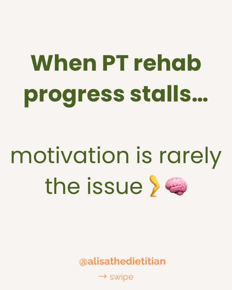 When rehab progress slows, the instinct is often to push harder.
But more often, the missing piece is fuel + recovery — not effort. 🧠🦵
This shows up a lot during:
• weight loss phases
• long rehab timelines
• normal plateaus as the body adapts 🔁
If energy intake drops while training demand stays the same, progress can quietly stall — even when someone is doing everything right. 🍽️😴
This isn’t a motivation issue.
And it’s not a PT scope issue.
It’s physiology. 💡
Save this — it comes up more often in rehab than people realize. 🔖