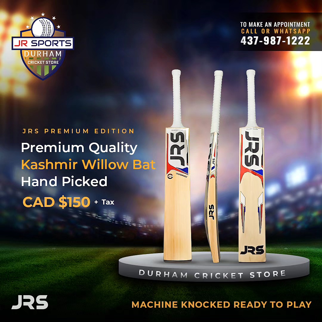 JRSports (Durham Cricket Store) is proud to introduce the JRS collection of Premium Grade Kashmir willow bats.
Premium Kashmir willow bats - $150.00 +tax
New Premium Grade Kashmir Willow Bat - SH
Clean face, Hand-picked directly from the factory,
Very well balanced and amazing ping.
Oiling, machine knocking, edge/toe taping, anti scuff sheet is included.
We have more than 100 English and Kashmir willow bats in stock.
Dm for more details.
Name engraving on your bat is also available.
#JRScricketcanada #durhamcricketstore #durhamcricketclub #whitbycricketclub #whitbycricketcanada #cricketincanada #cricketcanada #ontarioncricket #officialcricketcanada #fearlesscanada #fearless #whitby #durhamcricket #durhamregion #officialcricketcanada #jrsports #jrs #ontario #canada