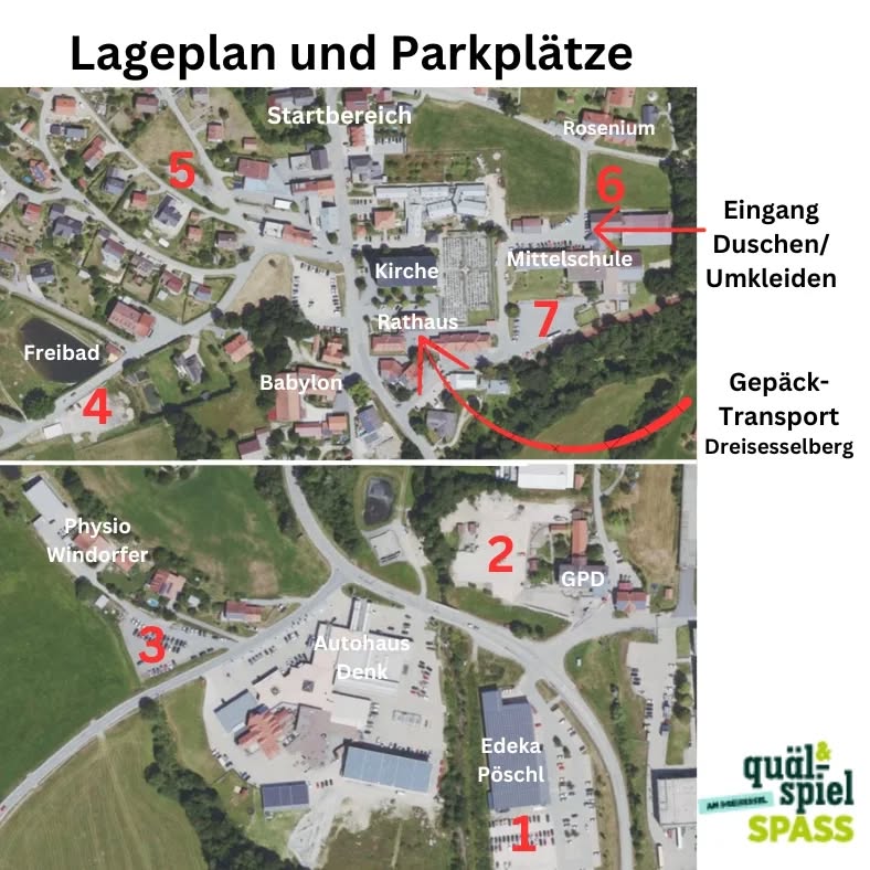 Lageplan und Parkplätze am Tag des Sports 2024 📢
Damit ihr euch am TDS gut in Neureichenau zurecht findet haben wir eine Übersicht für euch:
Parkplätze: 🚗
1) Sandparkplatz Edeka Pöschl
2) Parkplatz von Parat hinter Gesundheitspark
3) Parkplatz von Parat zwischen Autohaus Denk und
Physiotherapie Windorfer
4) Sonnwendfeuerplatz gegenüber vom Freibad
5) Alter Edeka Parkplatz
6) Parkplatz zwischen Mittelschule und Rosenium
7) Vorplatz Mittelschule
Weitere wichtige Infos: 🚨
Die Duschen und Umkleiden befinden sich im oberen Eingang der Mittelschule 💧👕👖
und
der Gepäcktransport befindet sich auf dem Parkplatz vom Rathaus und fährt eure Sachen die ihr auf dem Dreisessel benötigt um 11:30 Uhr auf den Berg rauf 🧳🚙
@dreisesselgemeinde @autohausdenk @edeka.poeschl @berggasthof.dreisessel @parat_technology @knaus_official @wellnesshotel_reischlhof @dreisesselapotheke @made_in_frg @raiffeisenbank_gsd @wimmerwohnkollektionen
#tagdessports #quaelspassamdreisessel #quaelundspielspass #quälspass #dreisesselgemeinde #dreisesselberg #dreisessel #gepäcktransport #duschen #umkleiden #parkplatz #neureichenau