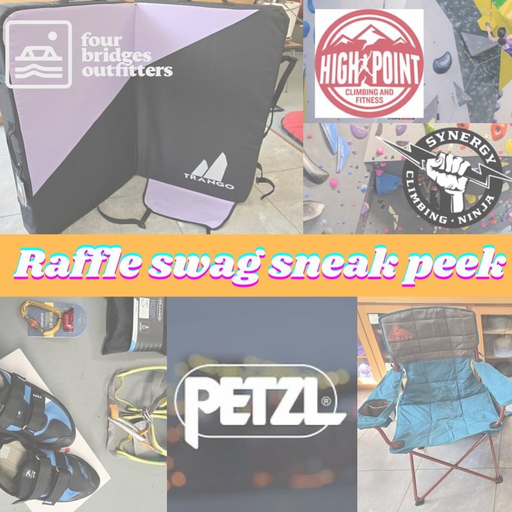 Peep these prizes 👀 generously donated by our partners at @fourbridgesoutfitters @highpointclimbing @synergyclimbingandninja @petzl_official and more!! We’ve got crash pads, climbing gear, camp chairs, day passes, punch passes and some more surprises to share the day-of WeWatch with WeClimb. GET STOKED. PASS IT ON.
🗓️ Saturday Sept 7
📍6:30 pm at @burlaepprintandpress