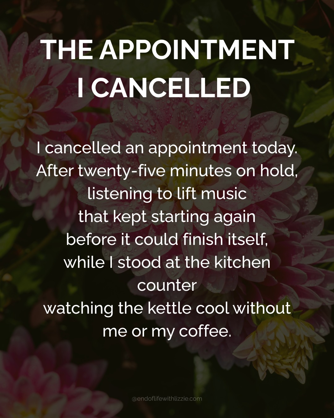 Gentle note: This post reflects on anticipatory grief and end of life decision-making. Please read in a way that feels kind to you, and step away if you need to.
Some moments in end of life care don’t look like decisions.
They look like phone calls.
They sound like hold music.
They land later, in the body.
This poem holds one of those moments:
choosing less medical intervention,
and more love.
It isn’t about giving up.
It’s about listening.
About recognising when care becomes quieter, lighter, and more humane.
#EndOfLifeCare
#AnticipatoryGrief
#CompassionateCare
#DyingWell
#QuietLove