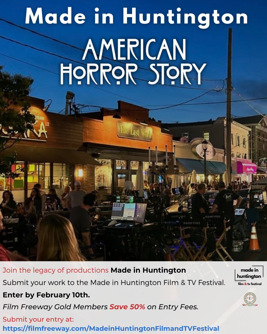 Join the legacy of productions Made in Huntington, like American Horror Story.
Submit your work to the Made in Huntington Film & TV Festival.
Final Deadline: February 10th.
Film Freeway Gold Members Save 50% on Entry Fees.
Submit your entry at: https://filmfreeway.com/MadeinHuntingtonFilmandTVFestival
.
Learn more about the Made in Huntington Film & TV Festival on our website
www.madeinhuntington.com
.
#madeinhuntington #huntingtonny #filmfestival #film #production #tv #series #studios #americanhorrorstory