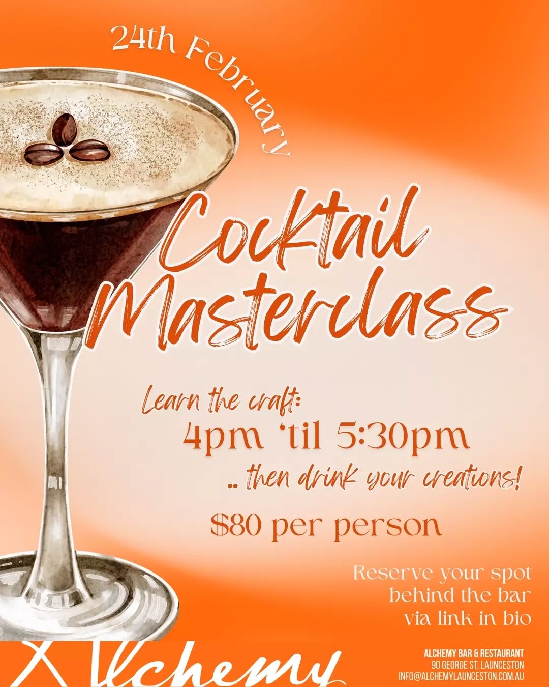 Ever wondered how the pros get that perfect foam or balanced zest? 🍸✨
Stop just ordering the classics and start crafting them. Join us at Alchemy for a hands-on Cocktail Masterclass where we’re pulling back the curtain on the art of the mix. Whether you’re a gin lover or a shaken-not-stirred enthusiast, you’ll learn the secrets behind your favourite pours!
🗓 Tuesday, Feb 24th | 4:30pm – 6:00pm
📍 Alchemy Bar & Restaurant, Launceston
💰 $80pp (Includes the lessons, the laughs, and of course, the drinks!)
Click the link in bio to book!