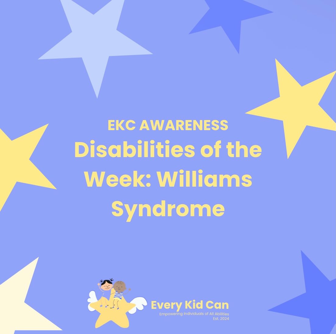 Every Kid Can is excited to share our eleventh educational post about different disabilities! This week, EKC focused on three different disabilities: Prader-Willi Syndrome, Williams Syndrome, and DiGeorge Syndrome.
Williams Syndrome is a developmental disorder caused by a loss of genetic material on chromosome 7. A child with Williams Syndrome often experiences delayed development, abnormalities with the cardiovascular system, and other cognitive challenges.
Sources used for this post are included.
#EveryKidCan #williamssyndrome #InclusionMatters #awareness