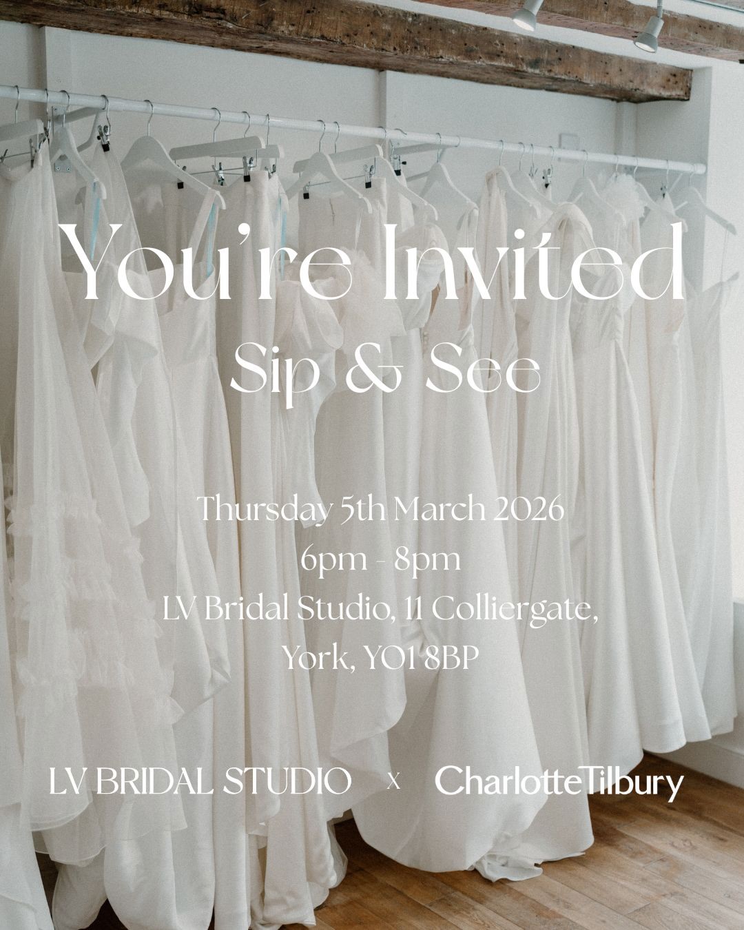 SOLD OUT // Brides, you’re invited...
Join us for an exclusive Sip & See Party at @lvbridalstudio as we celebrate our 1st birthday in style ✨
This relaxed evening offers brides the chance to explore our curated collection of designer wedding gowns, enjoy complimentary bubbles, and soak up the bridal atmosphere.
Meet the LV Bridal team to chat all things bridal, and enjoy skincare and makeup advice from the @charlottetilbury team who will be on hand throughout the evening to help you achieve that flawless bridal glow.
A beautiful, inspiring evening created especially for brides-to-be.
The details
- Thursday 5th March
- LV Bridal Studio, 11 Colliergate, York, YO1 8BP
- 6pm to 8pm
- £5 per ticket
What’s included
- Complimentary drinks
- A gift bag for all brides
- Exclusive, not to be missed Charlotte Tilbury offers from @teammagicyork available only on the night
Tickets are required and are available via Eventbrite. You can access tickets via the link in our bio, via our Insta stories or via DM’s.
See you there x