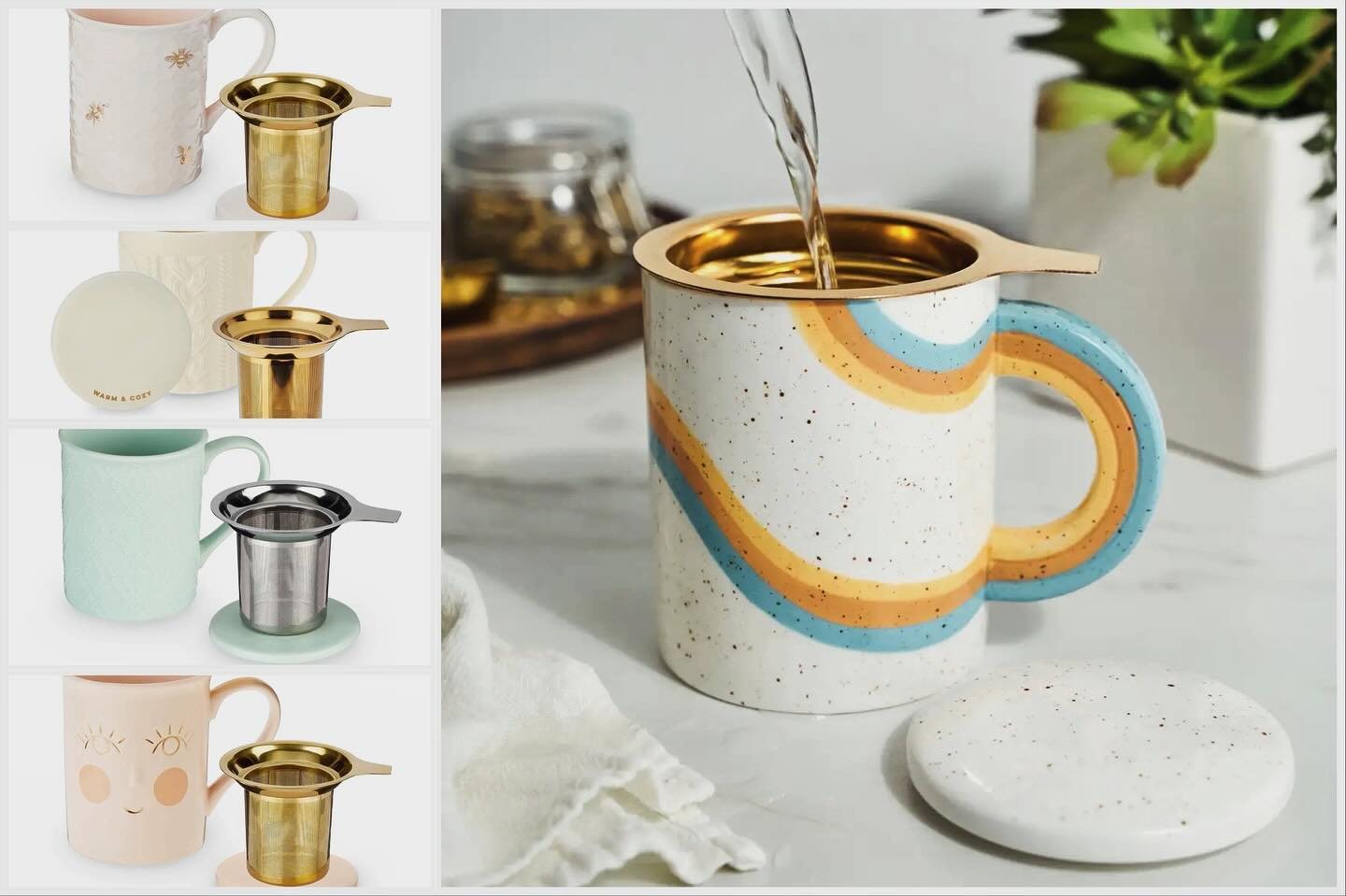 Our infuser mugs are the perfect companions for our tea! We have brand new styles in the shop ready to be gifted. Open today 10-3 🎁