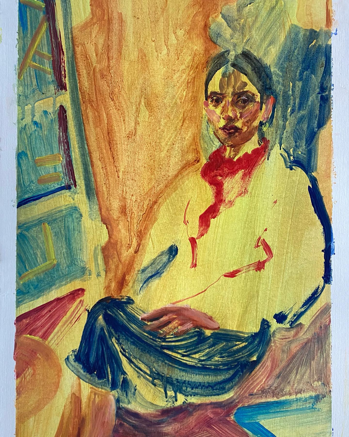 Falling apart.
Oil on paper, 50 x 32,5 cm
This is one of my personal favourite paintings. I got inspired by the moment sitting in the American book centre cafe in Amsterdam with a friend where we talked about life, shared our thoughts and felt the movement and energy from the environment coming together and dancing around.
#powerfulart #expressionism #expressionists #livingart #colourful #colourfulart #yellowbackground #café #artinspiration #oilonpaper #americanbookcenter #americanbookcenteramsterdam #amsterdamart #amsterdamartists #liliehsia