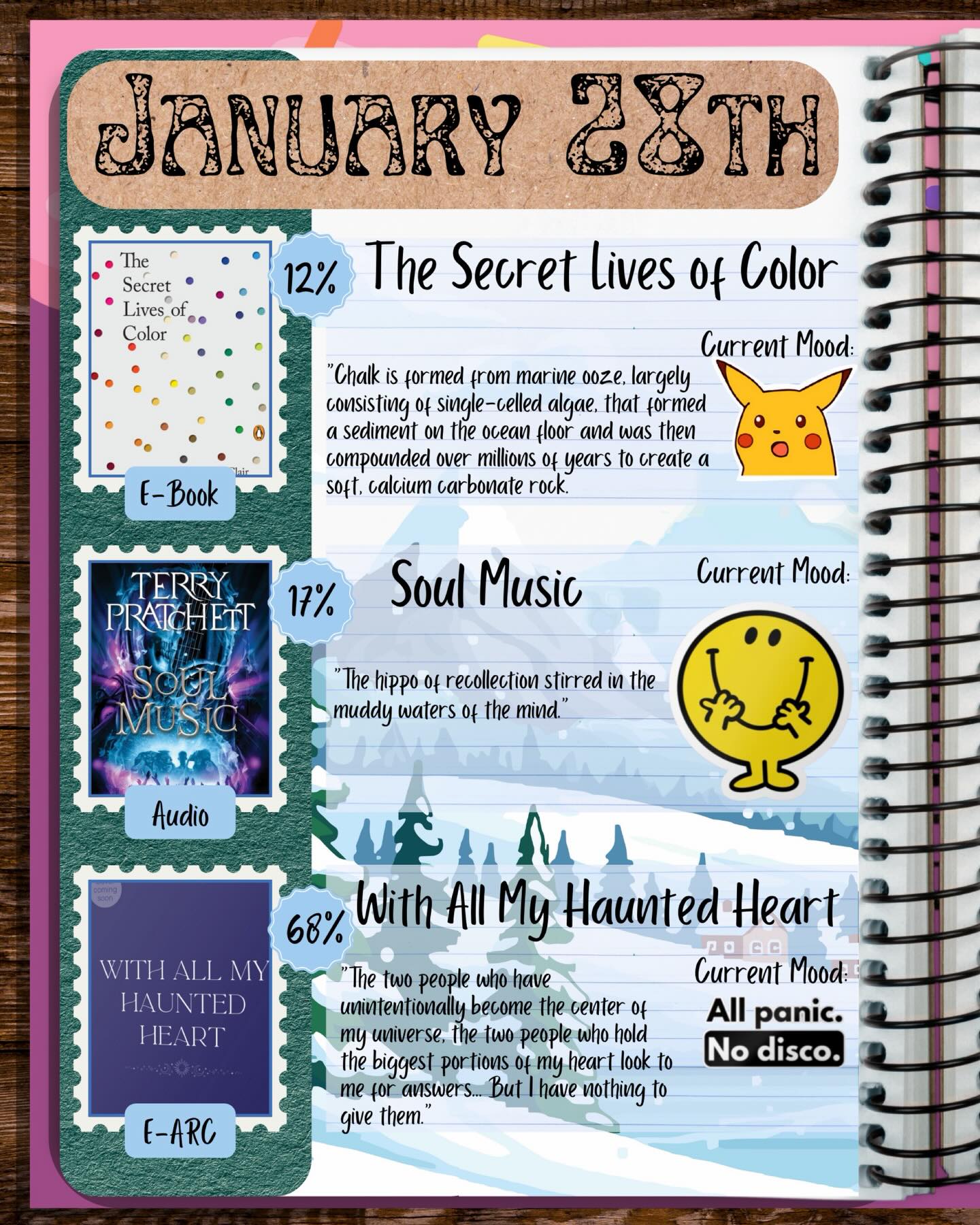 I’ve been in the trenches of editing, pitching and outlining, BUT! I have been reading three lovely books.
1. Secret Lives of Color - borrowed through my library, moving through this slowly as I delve into my color studies/take notes/veer off into expanded research.
2. Soul Music - I always have at least one audiobook in my rotation so I get to read on my commute. On my busy weeks this is the only reading I get to do so it’s such a lovely treat. Pratchett as always is a delight and injects my day with wit and whimsy
3. I have LOVED when I get a chance to sit down and read @isa_sterling’s upcoming novel. I won’t give anything away but the emotions… THE EMOTIONS. I am truly all panic and no disco after finishing the last chapter… but my lunch hour ended and I have to work.
#books #bookstagram