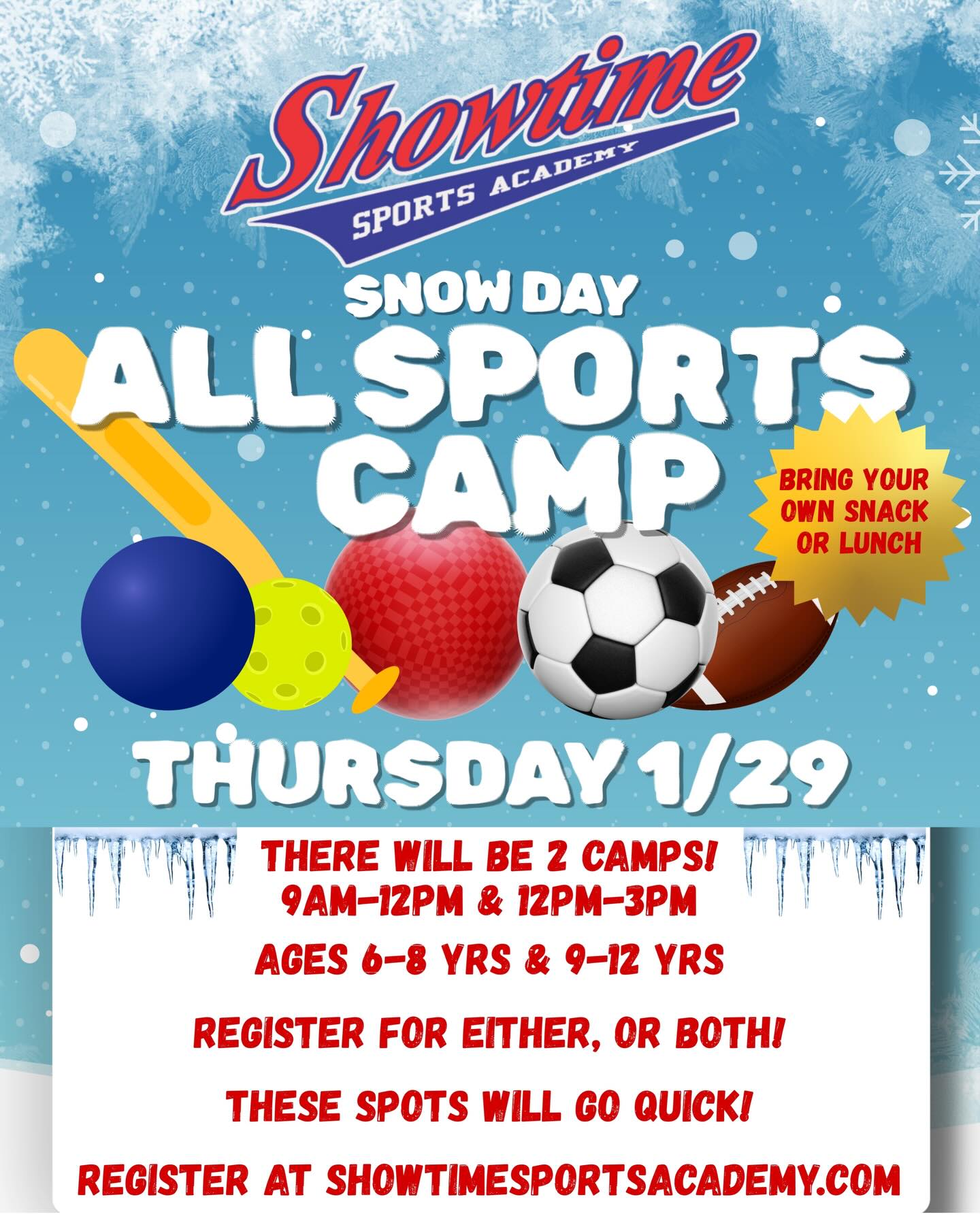 As schools remain closed, we will continue to host our All Sports Camps at Showtime! We will have 2 of them tomorrow. Our first camp option is 9am-12pm, and our 2nd option is 12pm-3pm. Select the camp that best suits your time frame or come to both! Register right away, as these spots will fill quickly.