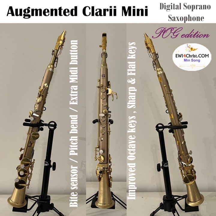 I modified a Robkoo's Clarii Mini to function as a digital midi soprano saxophone. I added a bite sensor, a pitch bend and an extra midi button for various customizable midi function. I decorated it with real saxophone parts. I improved Clarii's octave keys , sharp key and flat key for better function. The bell was 3d-pinted . I appreciates Clarii for its lightweight, compact design, great breath sensor, touch keys and very useful customizable fingering. I named my creation as GOP edition - Promises of God.
https://www.ewi4christ.com/post/augmented-clarii-mini-straight-soprano-saxophone-pog-edition
#ewi #windcontroller #robkoo