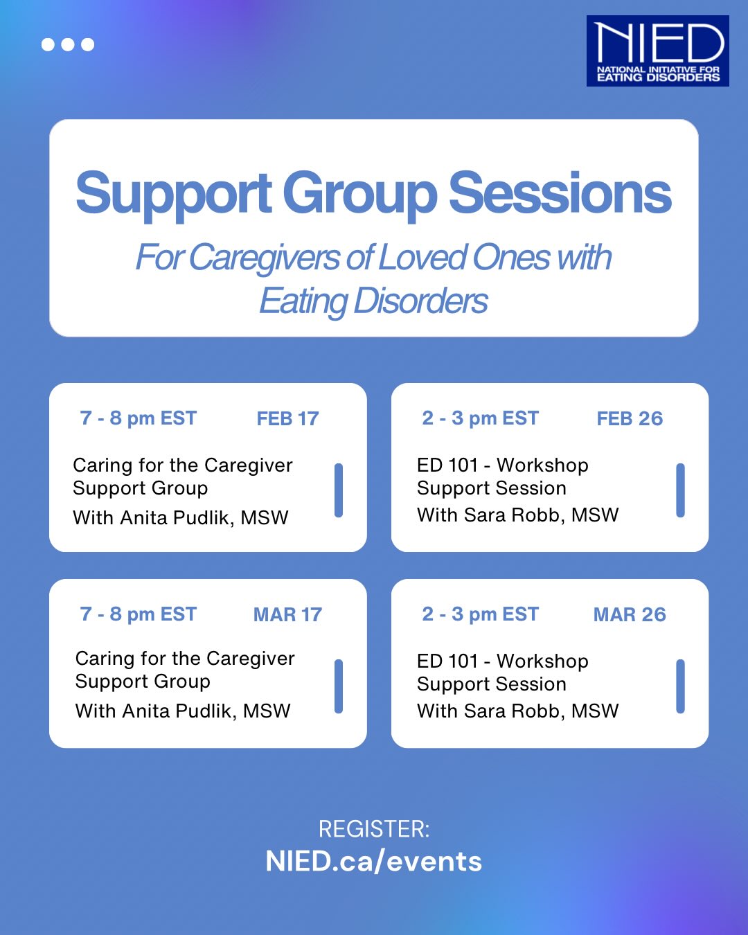 NEW SUPPORT GROUP OFFERINGS š©µ
Weāre excited to announce two new support groups for caregivers of loved ones with eating disorders!
𩵠ED 101 - Workshop Support Sessions
This monthly support group is designed to provide follow up conversations based on the topics presented in our Caregiver Education Series (offered February, April, June, October), as well as other areas of interest for the participants.
The goal is to expand on caregiversā understanding of the complexities of eating disorders in order to best support their loved ones. This group will be facilitated by Sara Robb, MSW.
𩵠Caring for the Caregiver Support Group
This support group is designed specifically for caregivers to explore the importance (and the challenges) of engaging in self care. We are best able to support our loved ones if we feel supported ourselves. This group will be facilitated by Anita Pudlik, MSW.
š» Register at NIED.ca/events
P.S. Donāt forget to register for our upcoming session with Dr. Anita Federici! These support groups will be great opportunities to follow up.