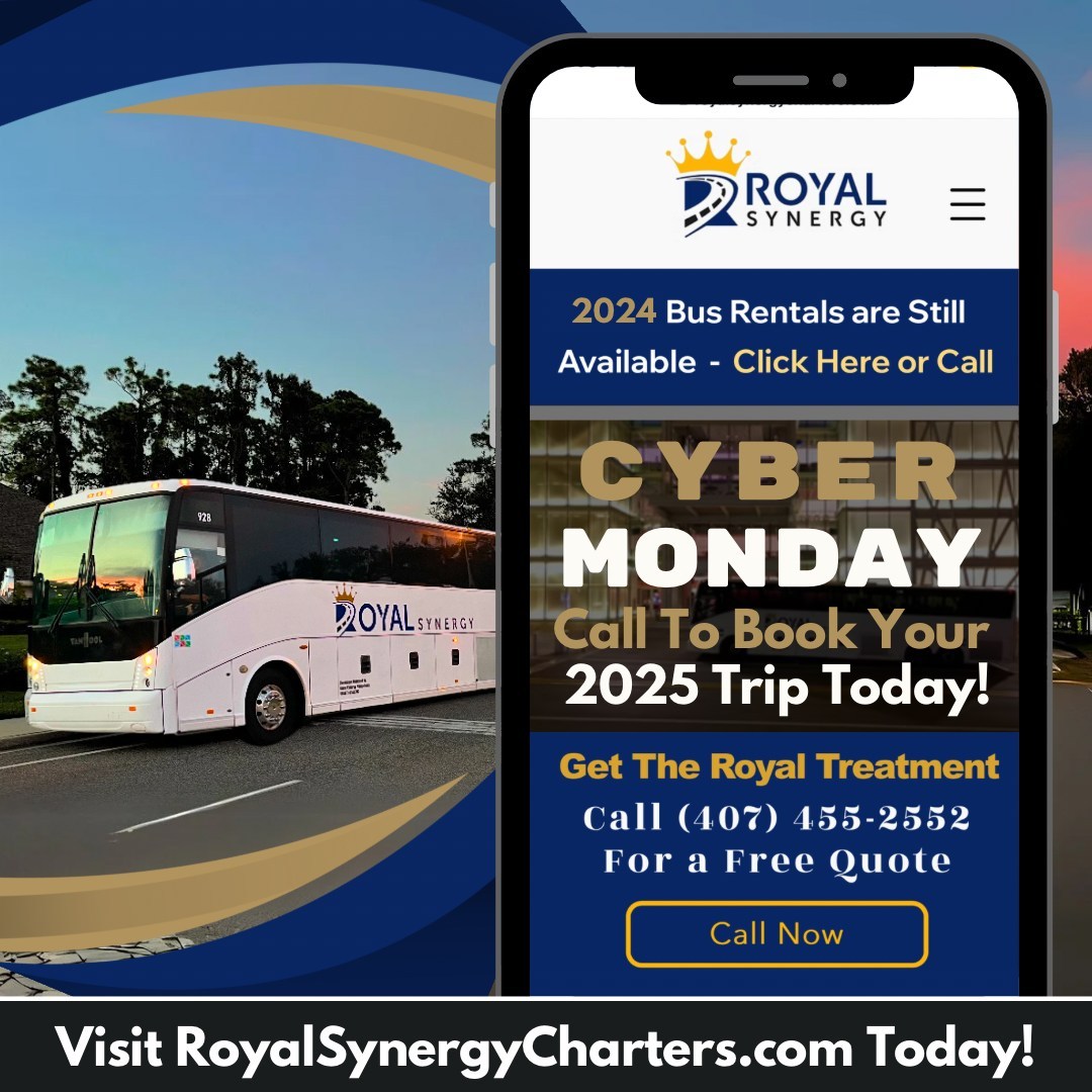 This Cyber Monday, Royal Synergy Charters is offering incredible savings to kick off the holiday season!
Take advantage of our lowest prices of the year on group transportation for your upcoming events, trips, and more. Whether it’s a corporate retreat, school outing, or family adventure, our reliable charters have you covered.
•
#CyberMonday #RoyalSynergyCharters #TravelMadeEasy #GroupTravelSavings #CharterBusDeals #PlanYourTrip