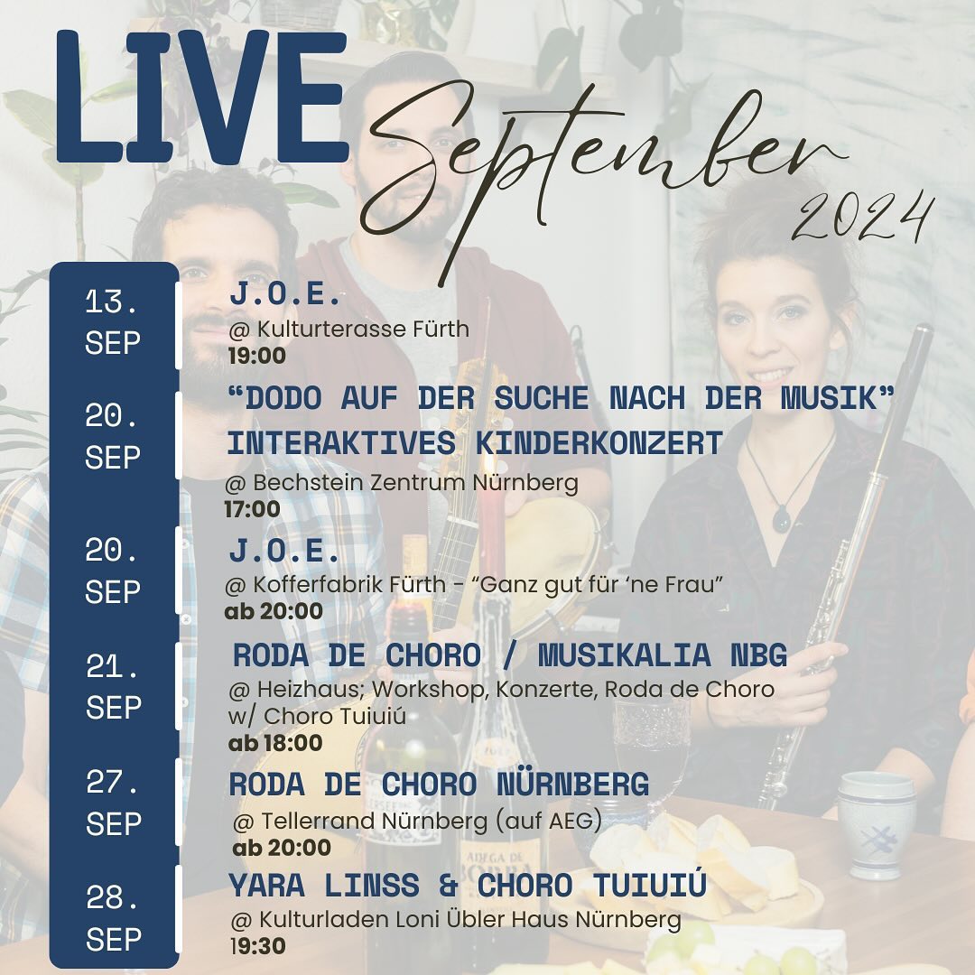 Eine Woche ist offiziell noch Ferienmodus, aber die Vorbereitungen auf einen aktiven und wunderbar bunten September-Monat laufen schon auf Hochtouren. Viele neue kreative Ideen warten auf Umsetzung, Ich mag den Sommer ☺️🎶☀️
Kommt doch bei dem ein oder anderen Konzert vorbei, wir freuen uns auf euch!
Mit:
@jupiterorbitescape
@joe.loba
@chorotuiuiu
@ohrenspielerei
@joaolucasmoreira_music
@aronhantke
@marquitosmilian
@maryna_musik
@musikalia.nbg
@tellerrand_gastro
@yara.linss
#live #livemusic #musicianslife #choro #rodadechoro #chorotuiuiu #brazilianmusic #kinderkonzert #dodoaufdersuchenachdermusik #neuetermine #kalender #joeband #jupiterorbitescape #musikalia #musikalianuernberg #september