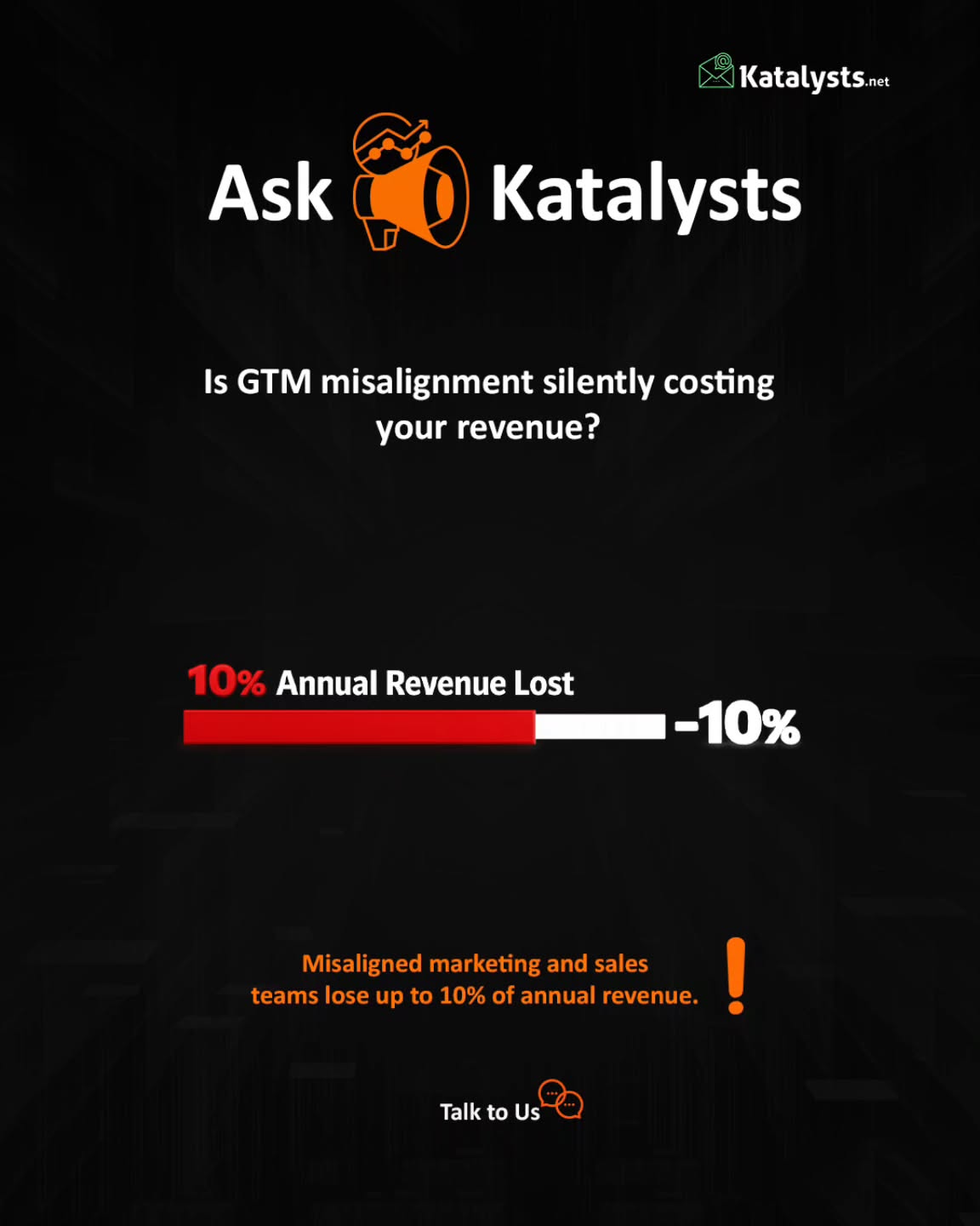 Most revenue losses don’t happen overnight. It happens quietly.
Marketing thinks things are working.
Sales thinks the leads aren’t right.
Meanwhile, up to 10% of revenue slips away every year.
That’s what GTM misalignment looks like.
At Katalysts, we help teams get marketing and sales back on the same page, so effort actually turns into growth.
Ask Katalysts: Is your GTM helping you grow or slowly holding you back?
Let’s talk.
#marketing #sales #budget #tech #katalystsdigital