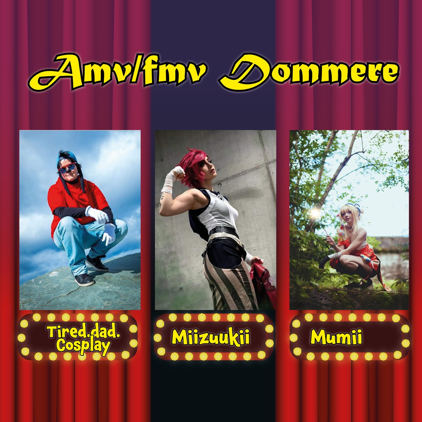 Neste ut er AMV/FMV/TikTok dommerene våre! Ta godt imot @tired.dad.cosplay, @miizukiii.cos og @mumii.cos !
@tired.dad.cosplay ,
"Your Friendly Neighbourhood Cosplay Dad er tilbake! Mattis endte opp som runner up i FMV/AMV konkurransen i fjor og vender tilbake som dommer i år. Han ser veldig fram til å se alle de forskjellige, kreative bidragene!"
@miizukiii.cos ,
Hun er 21 år, og har holdt på med cosplay i 2 år. Nå er hun er som dommer på Kazokucon Gameshow
@mumii.cos ,
Hun har drevet med cosplay i litt over 2 år, og har totalt forelsket seg i denne hobbyen og cosplaymiljøet generelt.